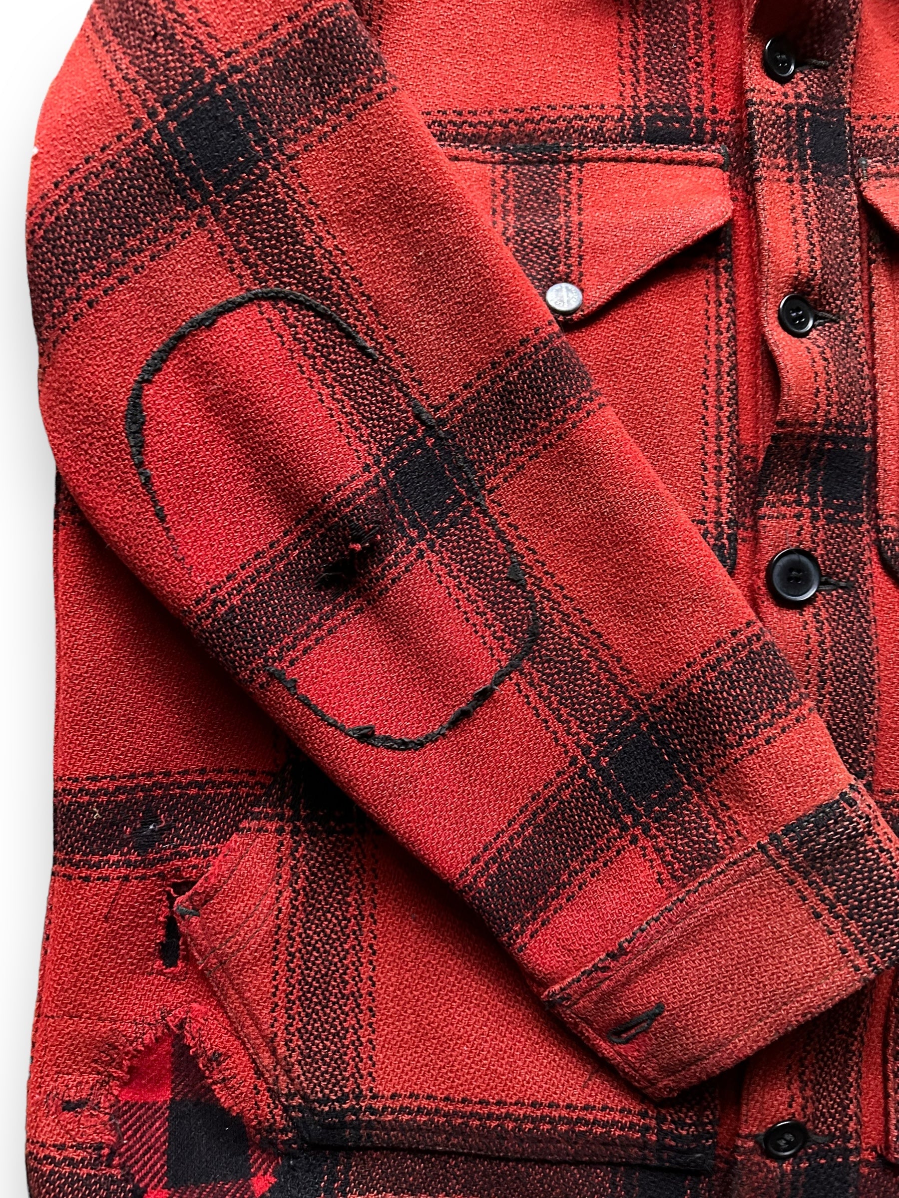 Right Arm Sleeve View of Vintage 75% Red Filson Hunter Wool Jacket SZ 44 | Vintage Filson Workwear Seattle | Vintage Workwear Seattle