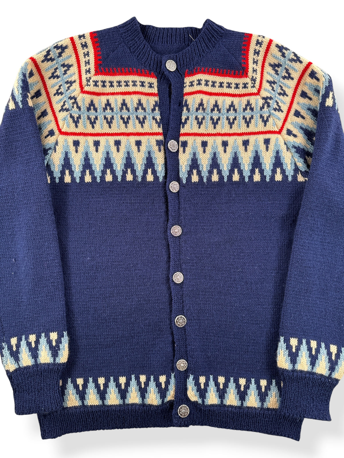 Close-up of Vintage Blue & Red Norwegian Wool Cardigan SZ M