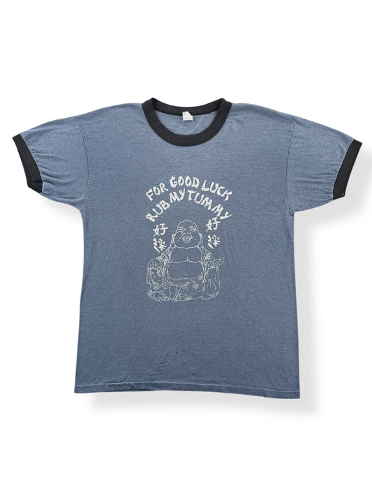 Front of Vintage Rub My Belly Buddha Ringer Tee SZ M