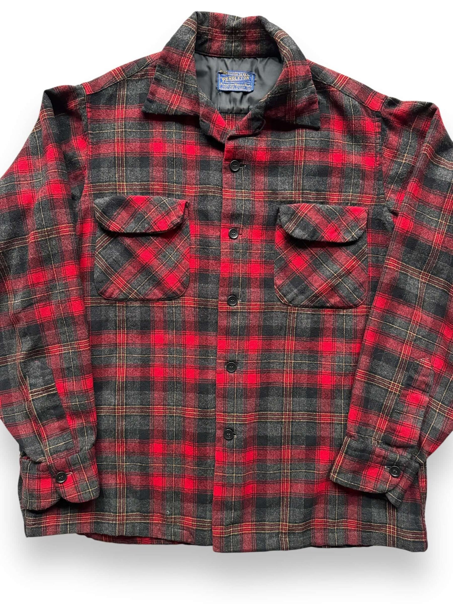 front close up of Vintage Pendleton Red/Grey Plaid Board Shirt SZ M