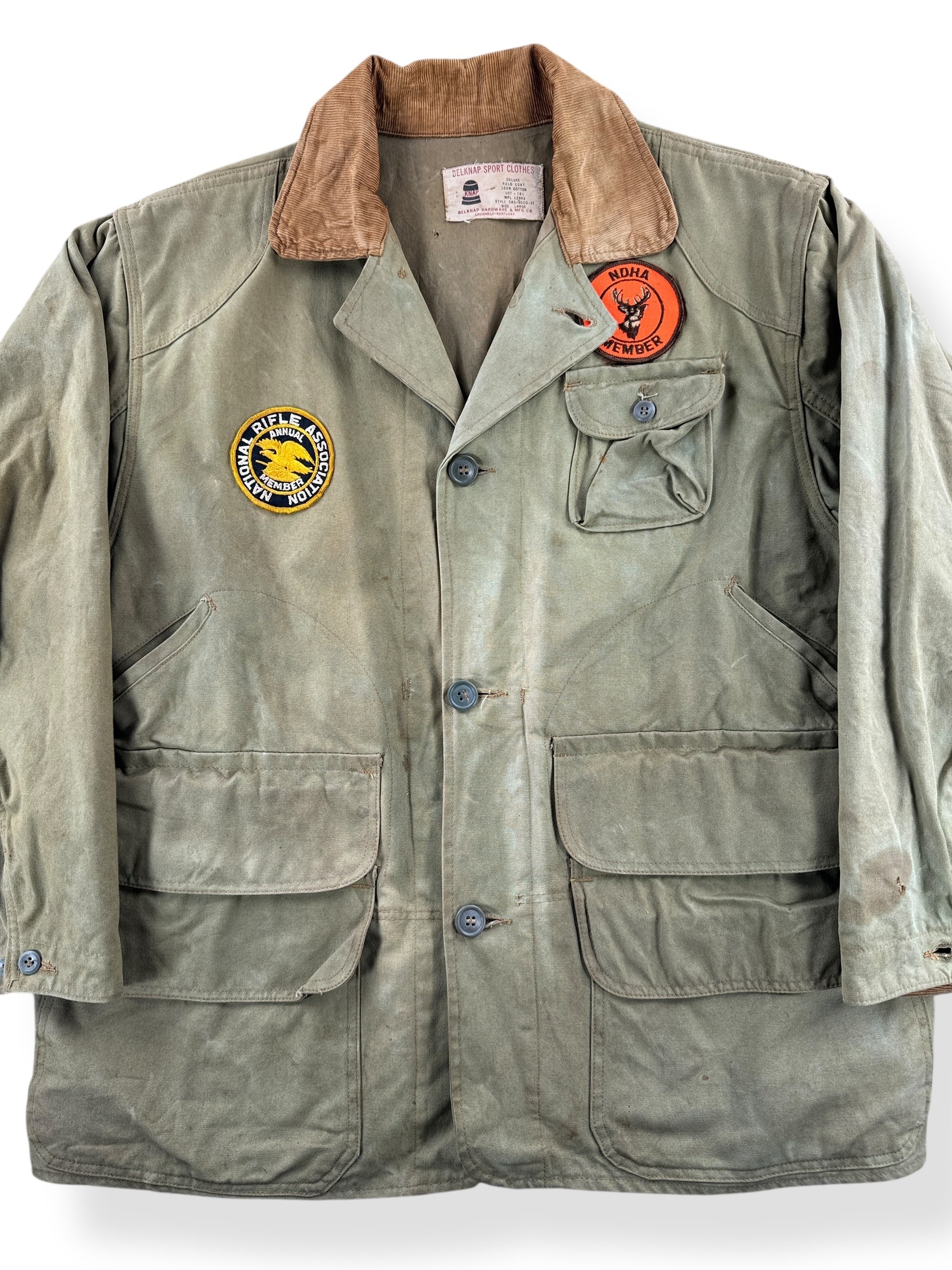 Front Close Up of Vintage Belknap Hunting Jacket w/ Patches SZ L AS IS