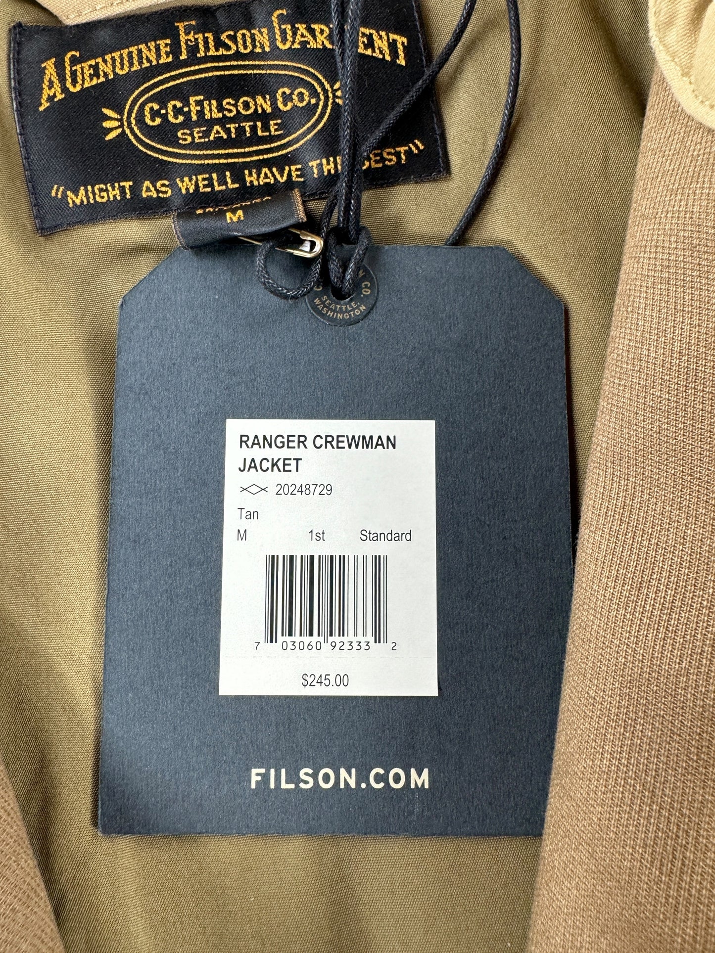 Paper Tag on NWT Tan Filson Ranger Crewman Jacket SZ M