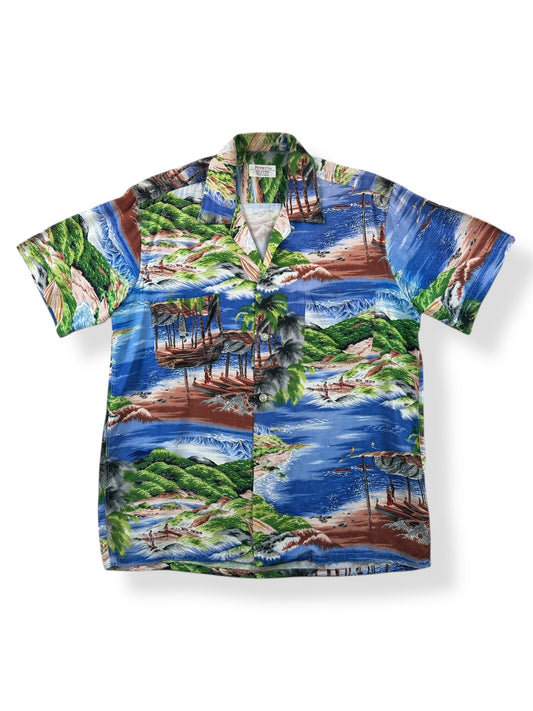 Front of Vintage Penney's Beach Scene Aloha Shirt SZ M