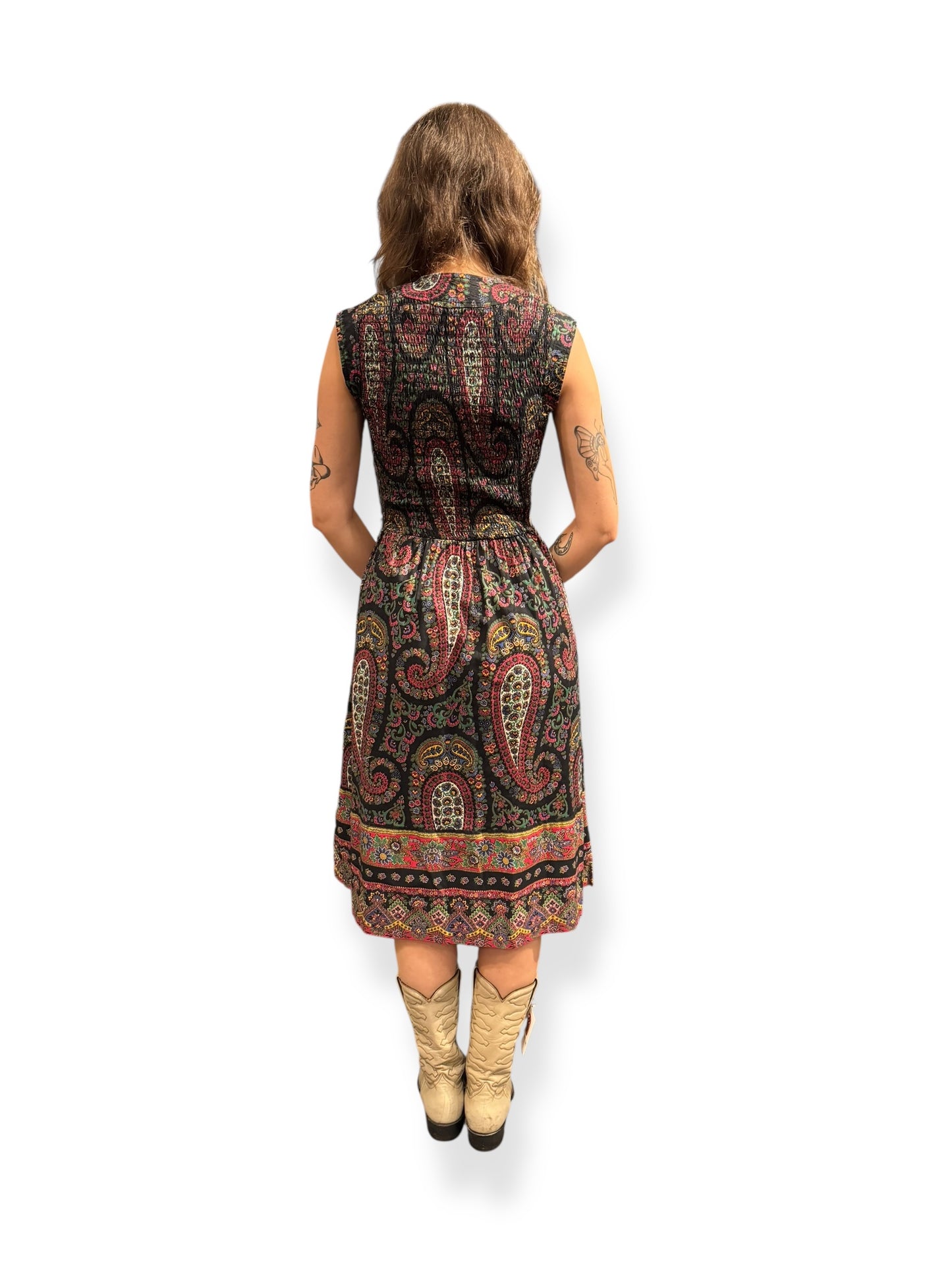 Back view of 1970s Paisly Midi Dress S