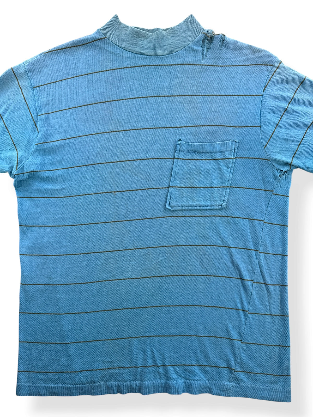 Close-up of Vintage 60s/70s Turtle King Baby Blue Striped Pocket Tee SZ M