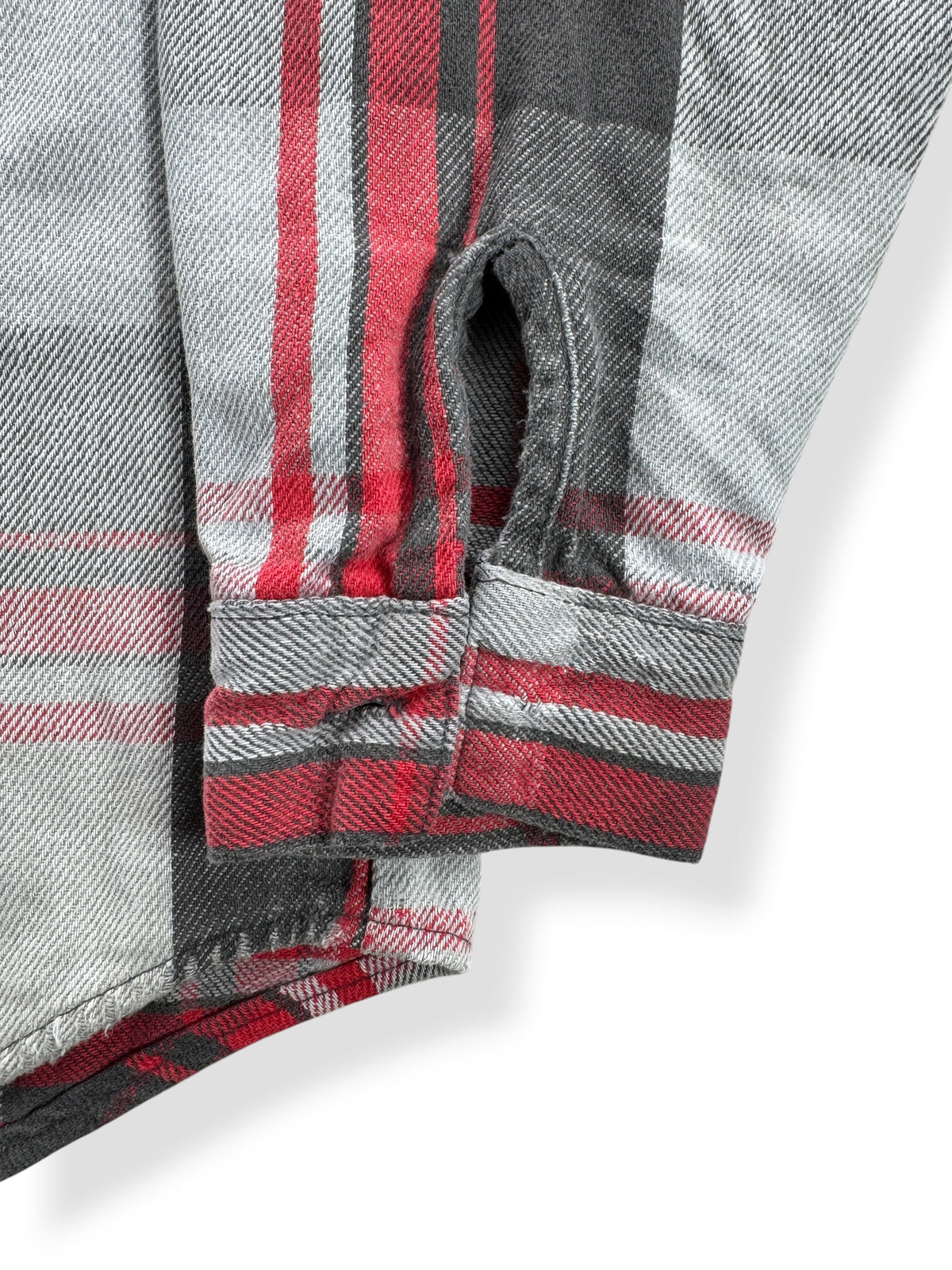 Missing button on cuff of Vintage Five Brothers Red & Grey Cotton Flannel SZ XL