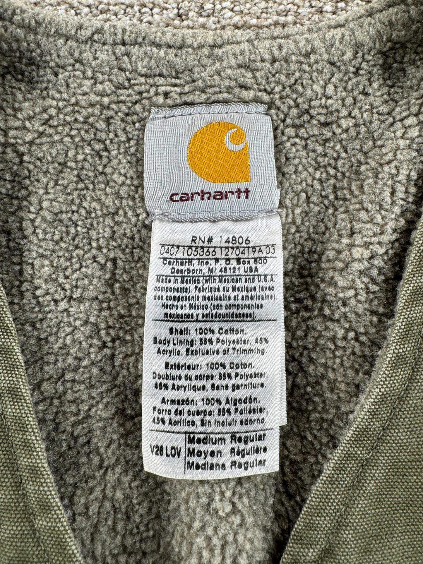 Label on Carhartt Shearling Vest SZ M
