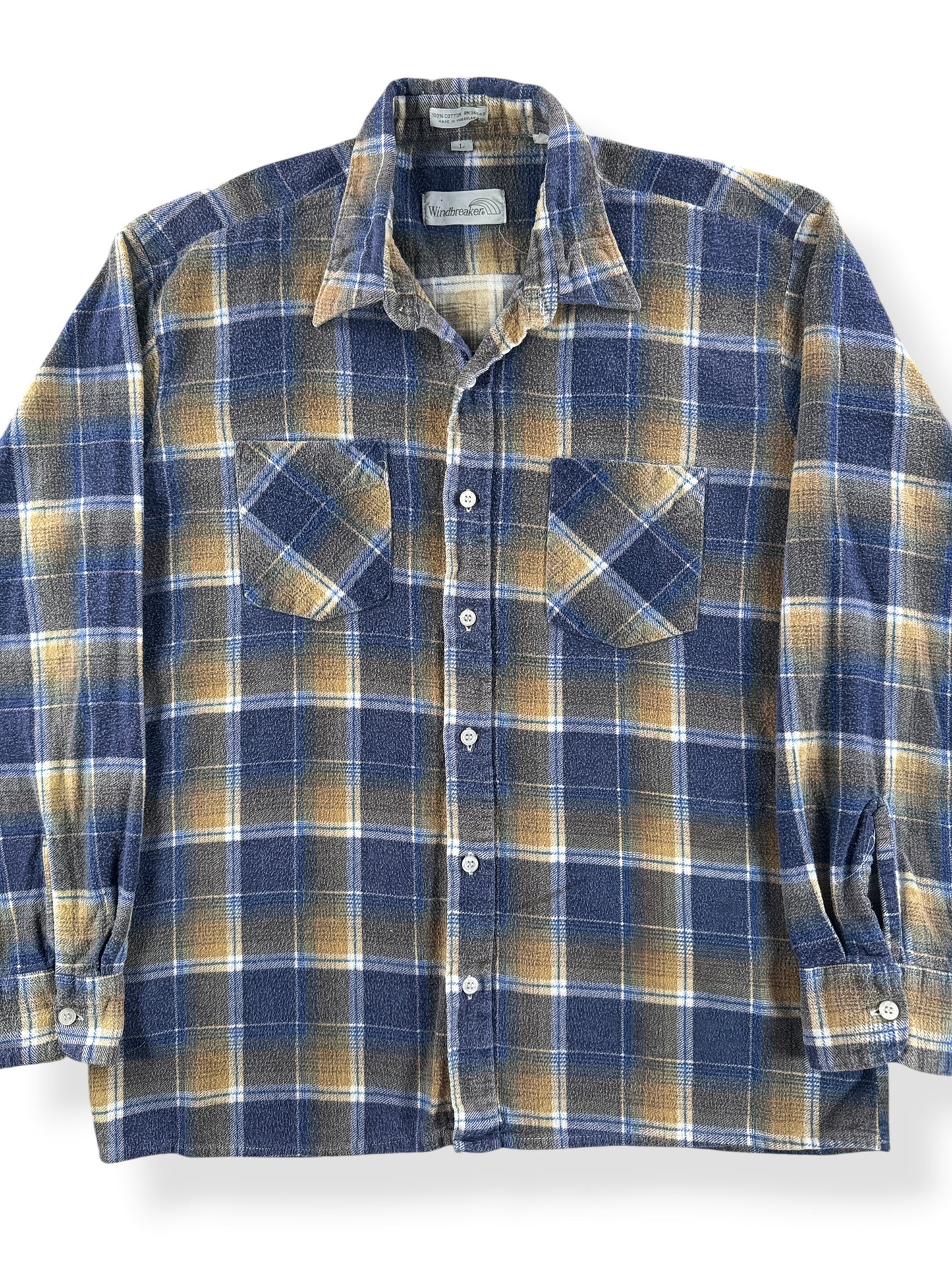 Front Close Up of Vintage 70’s Shadow Plaid Printed Cotton Flannel Shirt SZ L