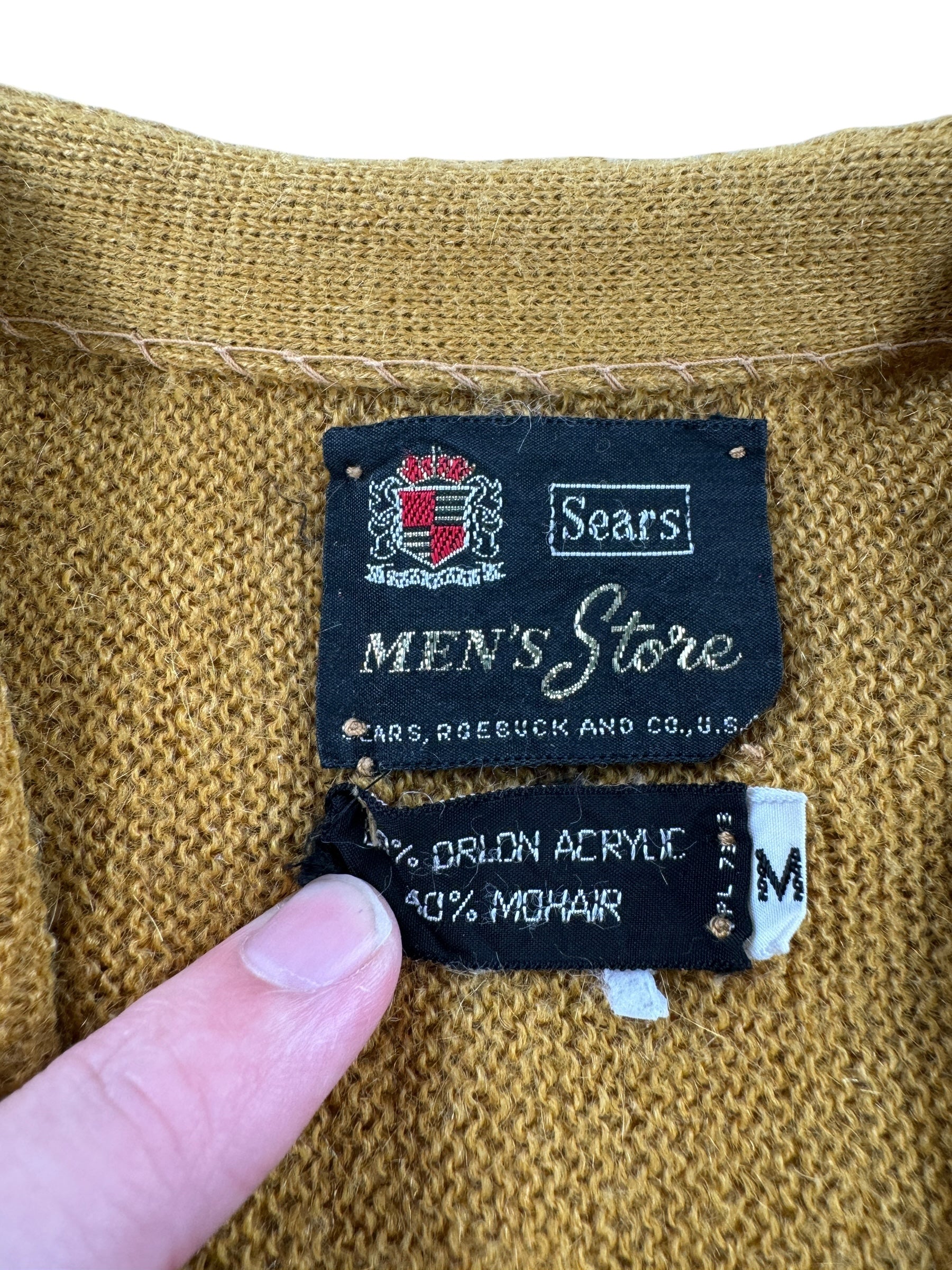 Tag on Vintage Sear's Men Store Gold Mohair Cardigan SZ M AS IS