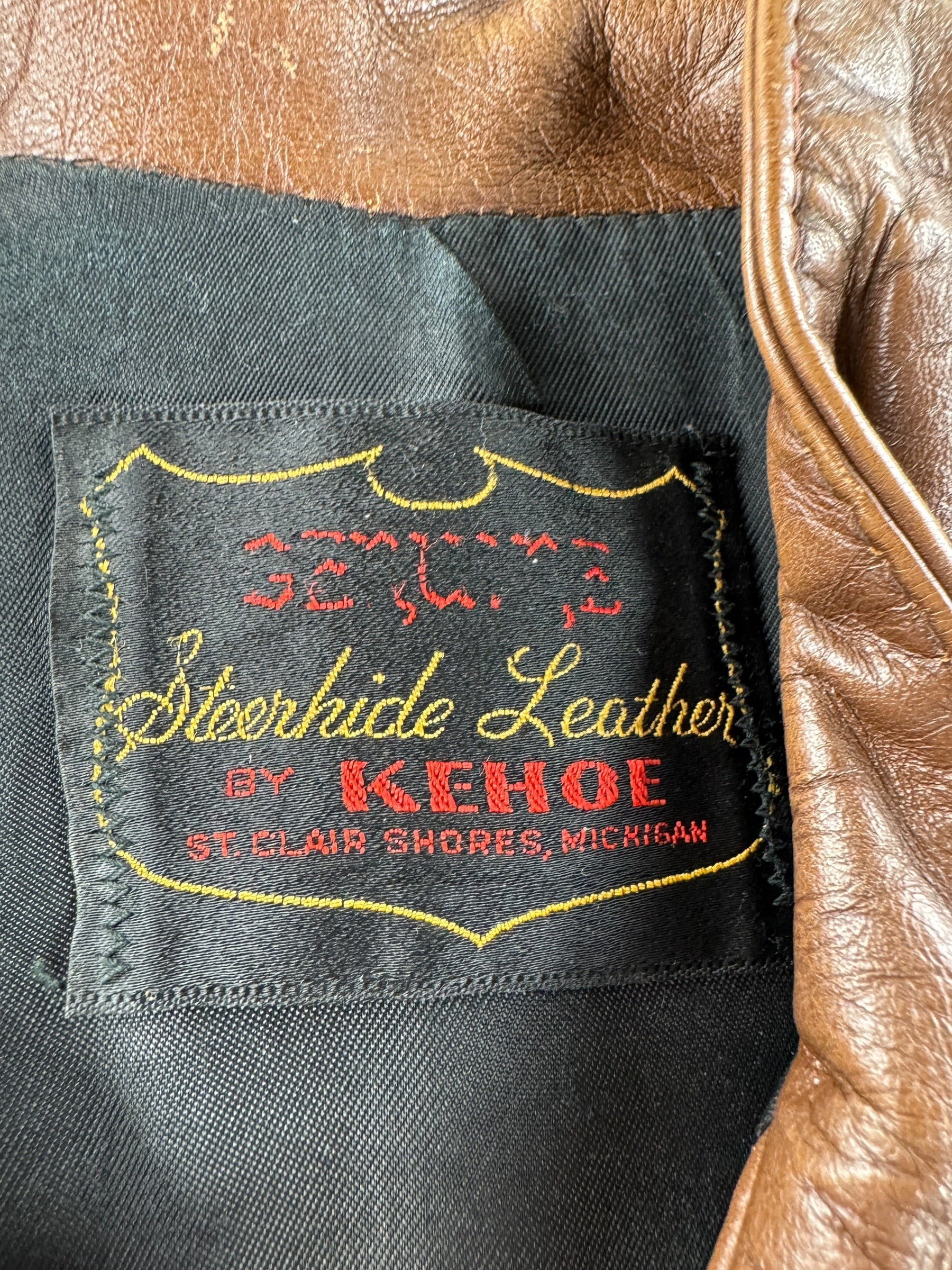 Label on Vintage Kehoe Cafe Racer Style Leather Jacket SZ M