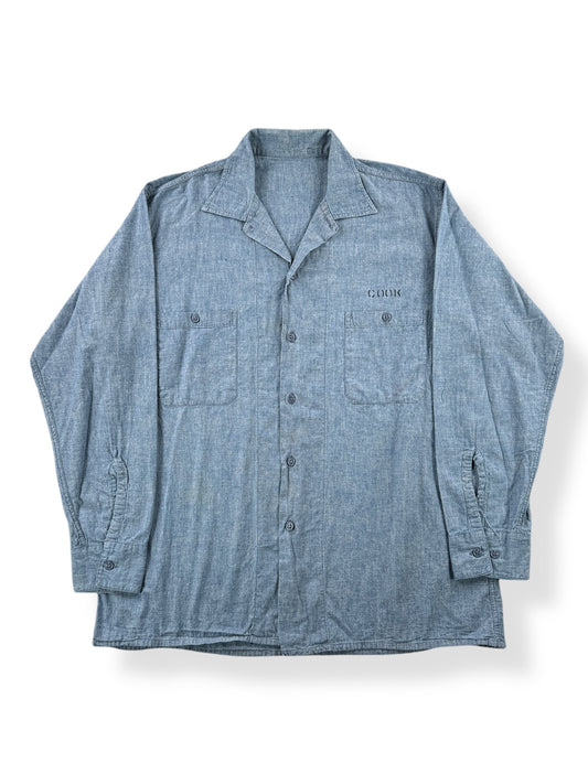 Front of Vintage 60’s Vietnam US Navy Denim Chambray Shirt SZ XL
