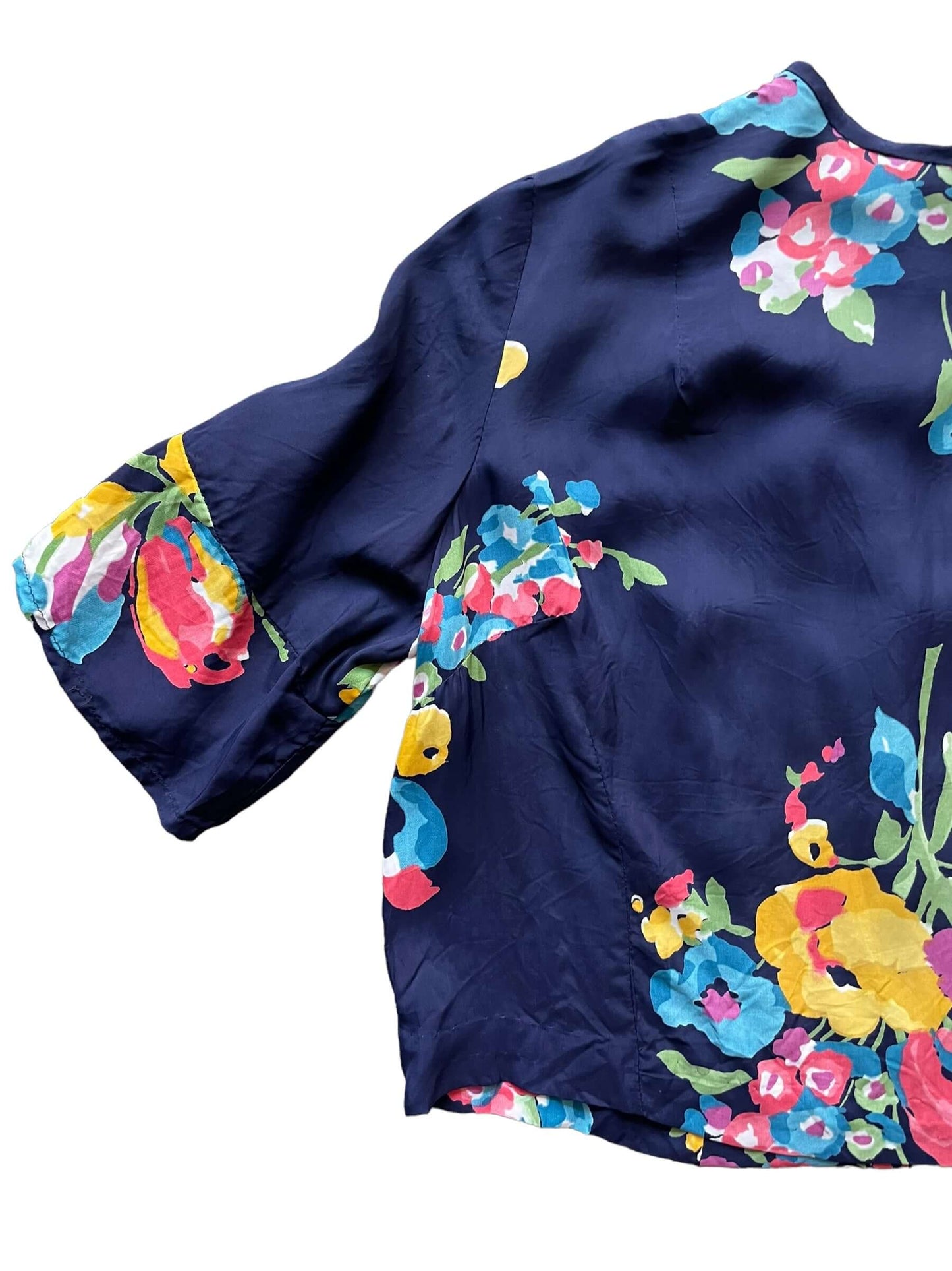 Front right side view of 1950-60s Rayon Navy Floral Top M-L