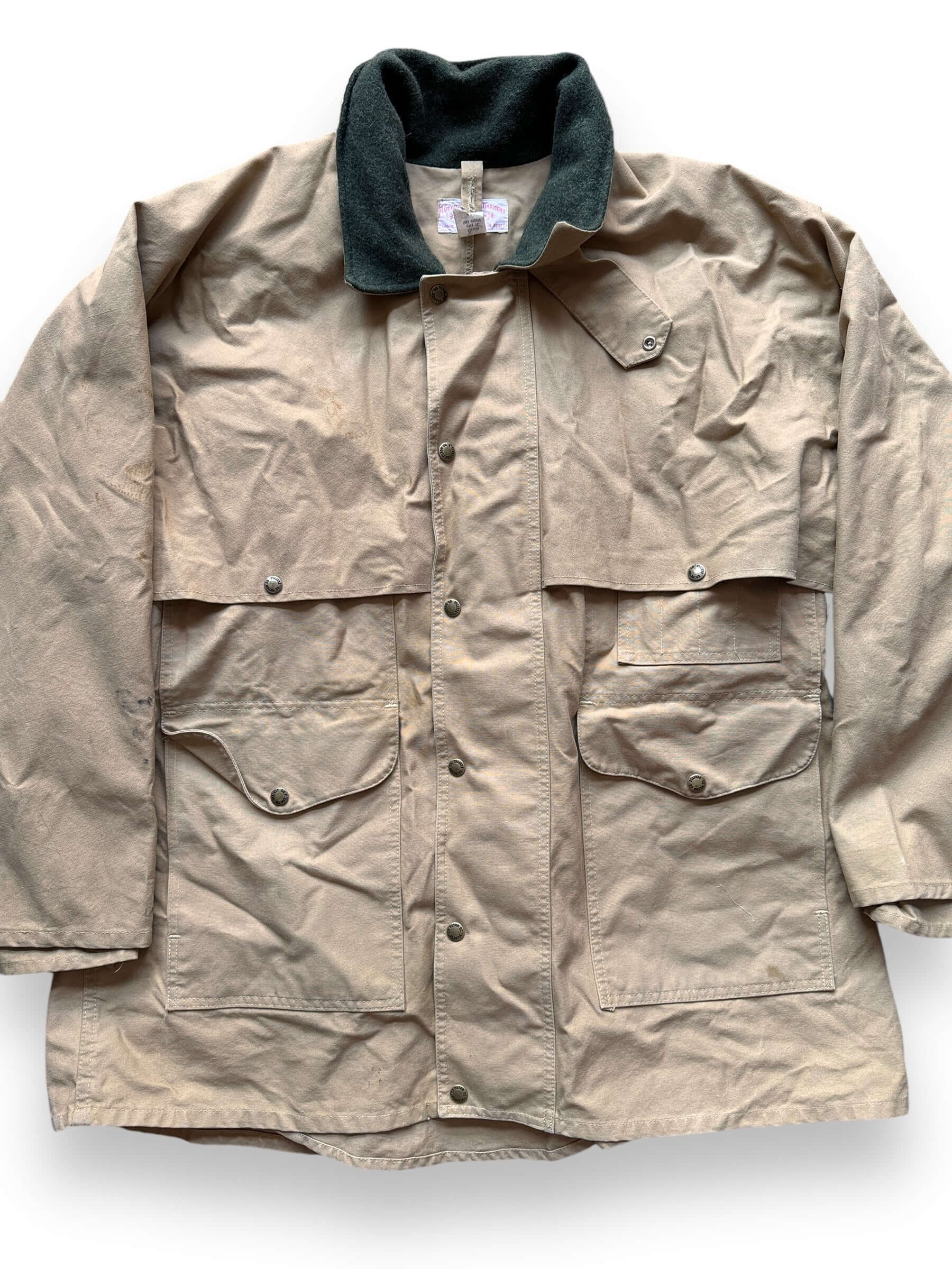 Front Detail on Filson Dry Tin Cloth Chinstrap Packer Coat SZ 46