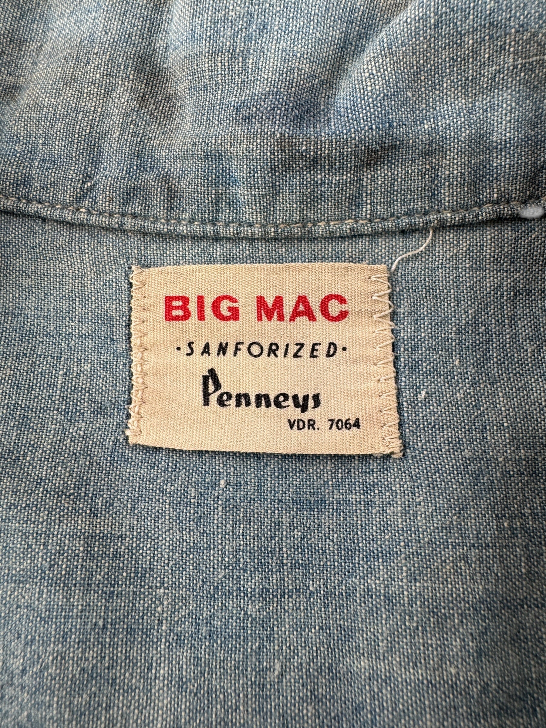Tag on Vintage 1960s Big Mac Penney's Sanforized Chambray Shirt SZ XL