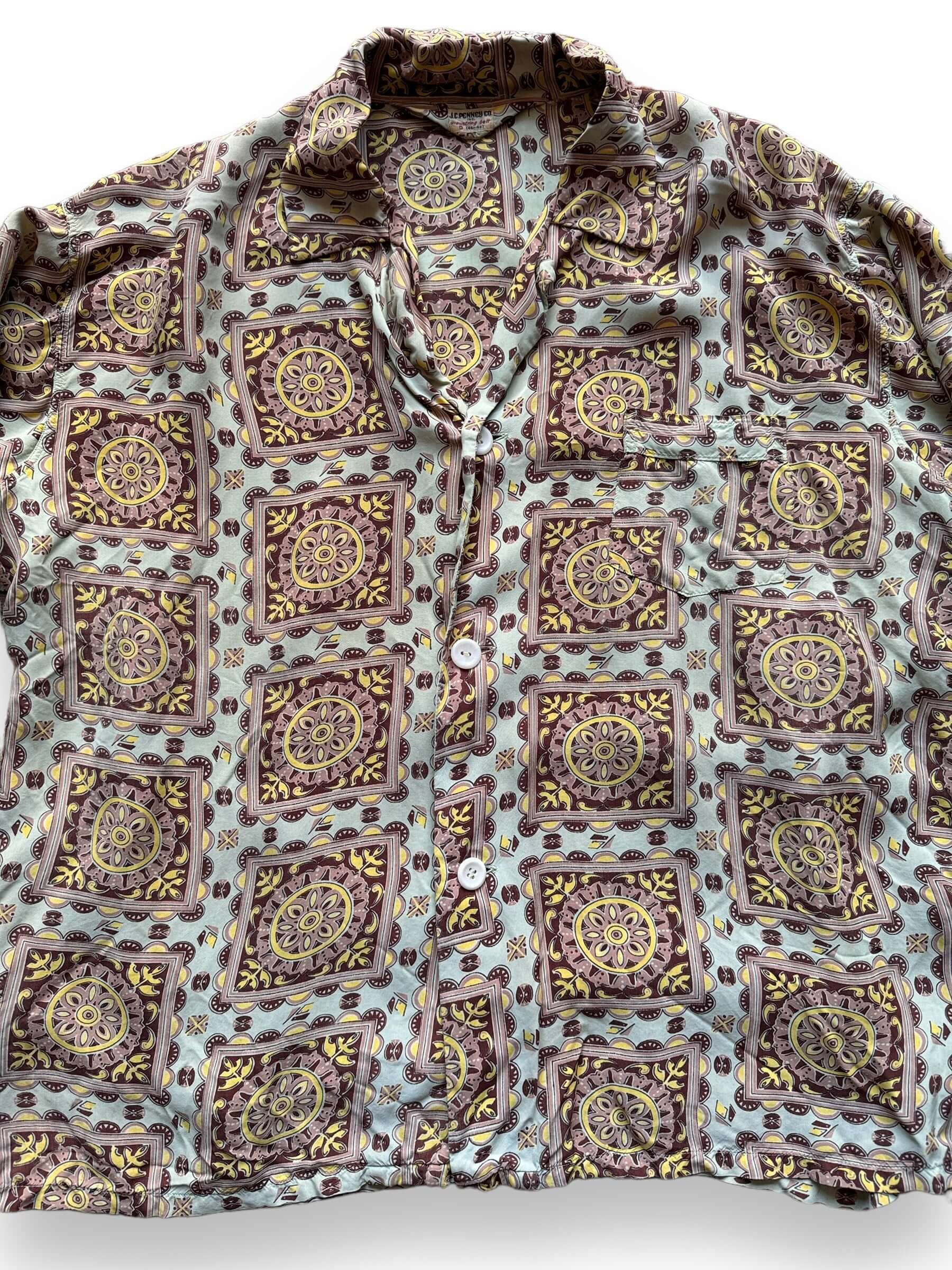 front close up of Vintage J.C. Penney Co. Longsleeve Rayon Aloha Shirt SZ XL