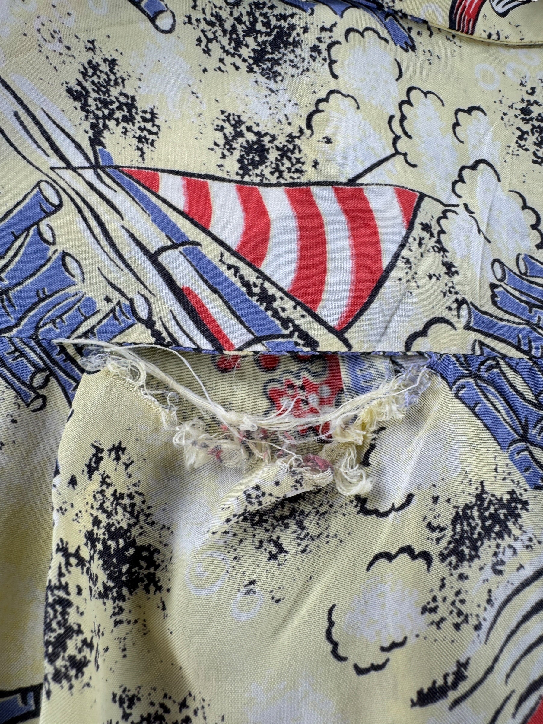 Hole on Vintage Penney's Topflight Rayon Fixer Aloha Shirt SZ M