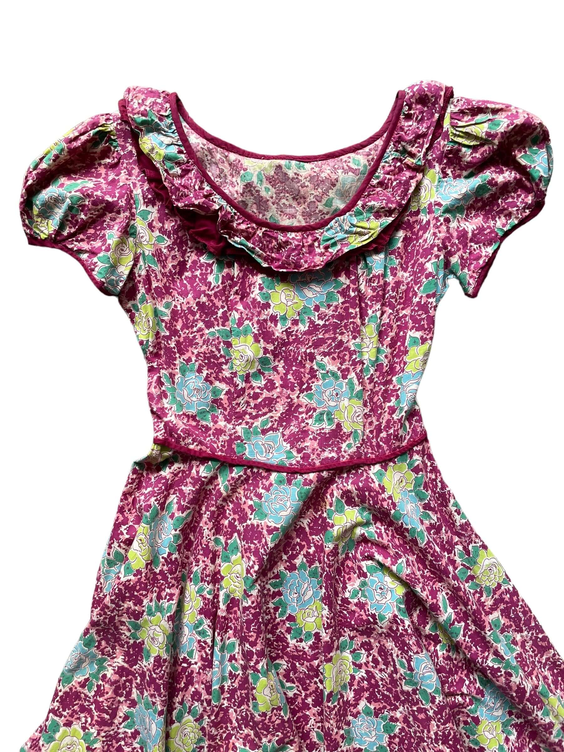 Front top view of 1950s Purple Floral Square Dancing Dress S