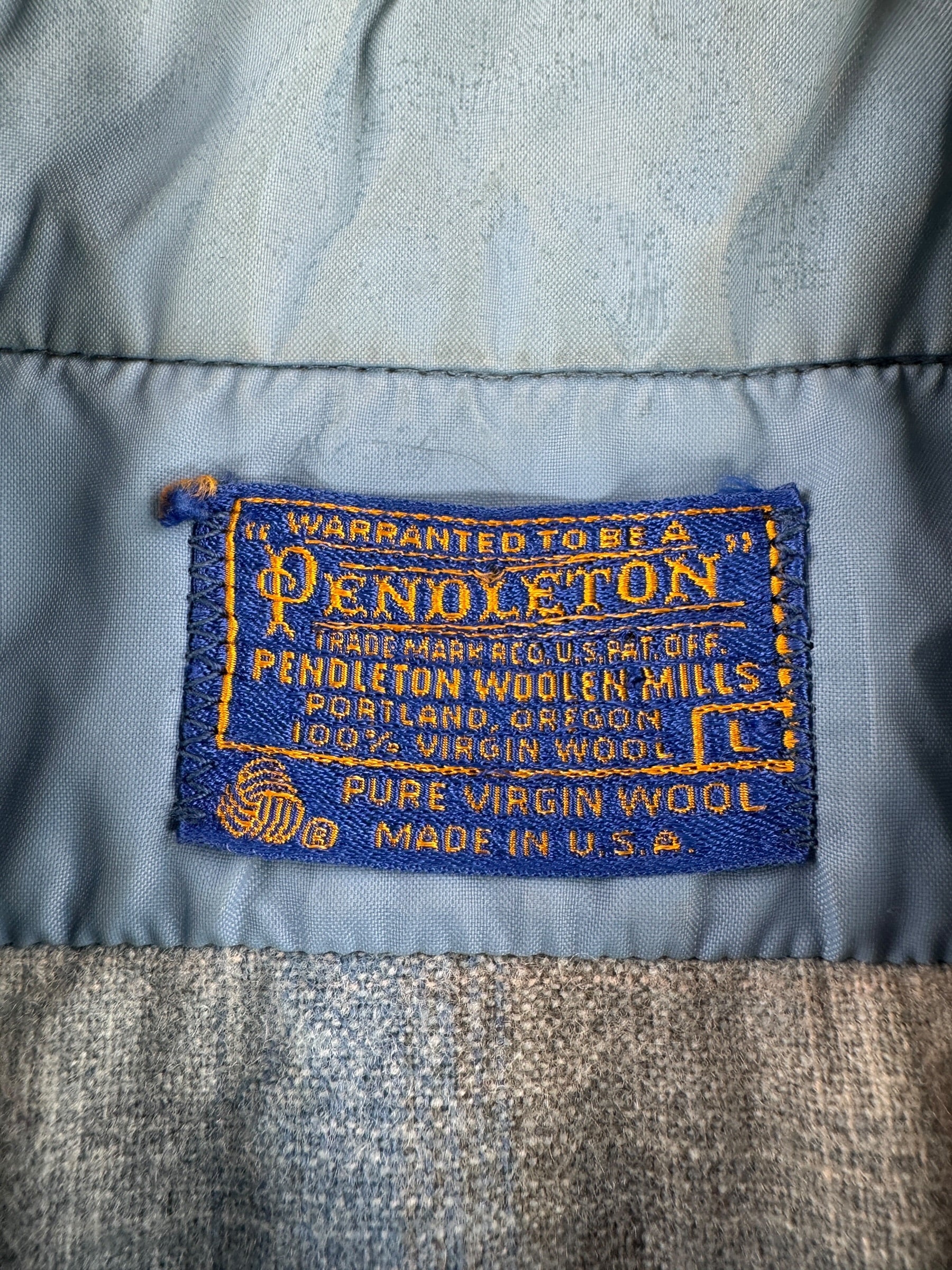 Label on Vintage Pendleton Shadow Plaid Pearl Snap SZ L