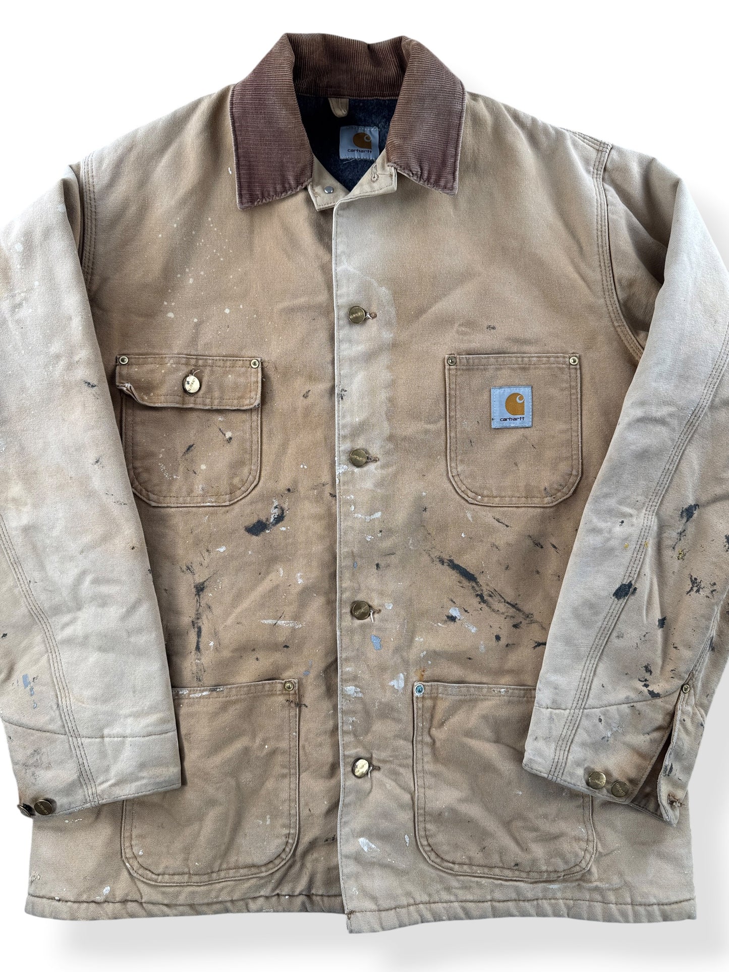 Close-up of Vintage Carhartt Paint Splattered Chore Coat SZ XL