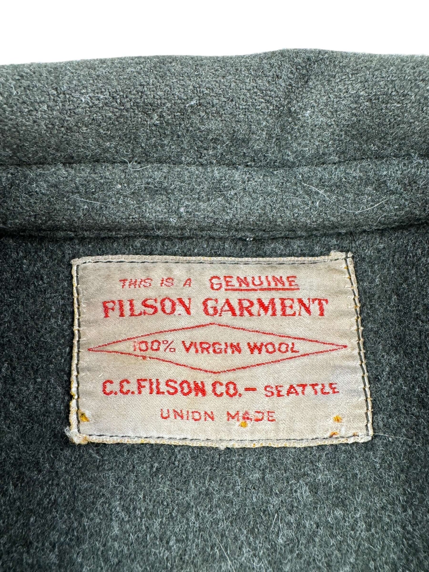 Label on Vintage Union Made Filson Mackinaw Green Cruiser SZ 48