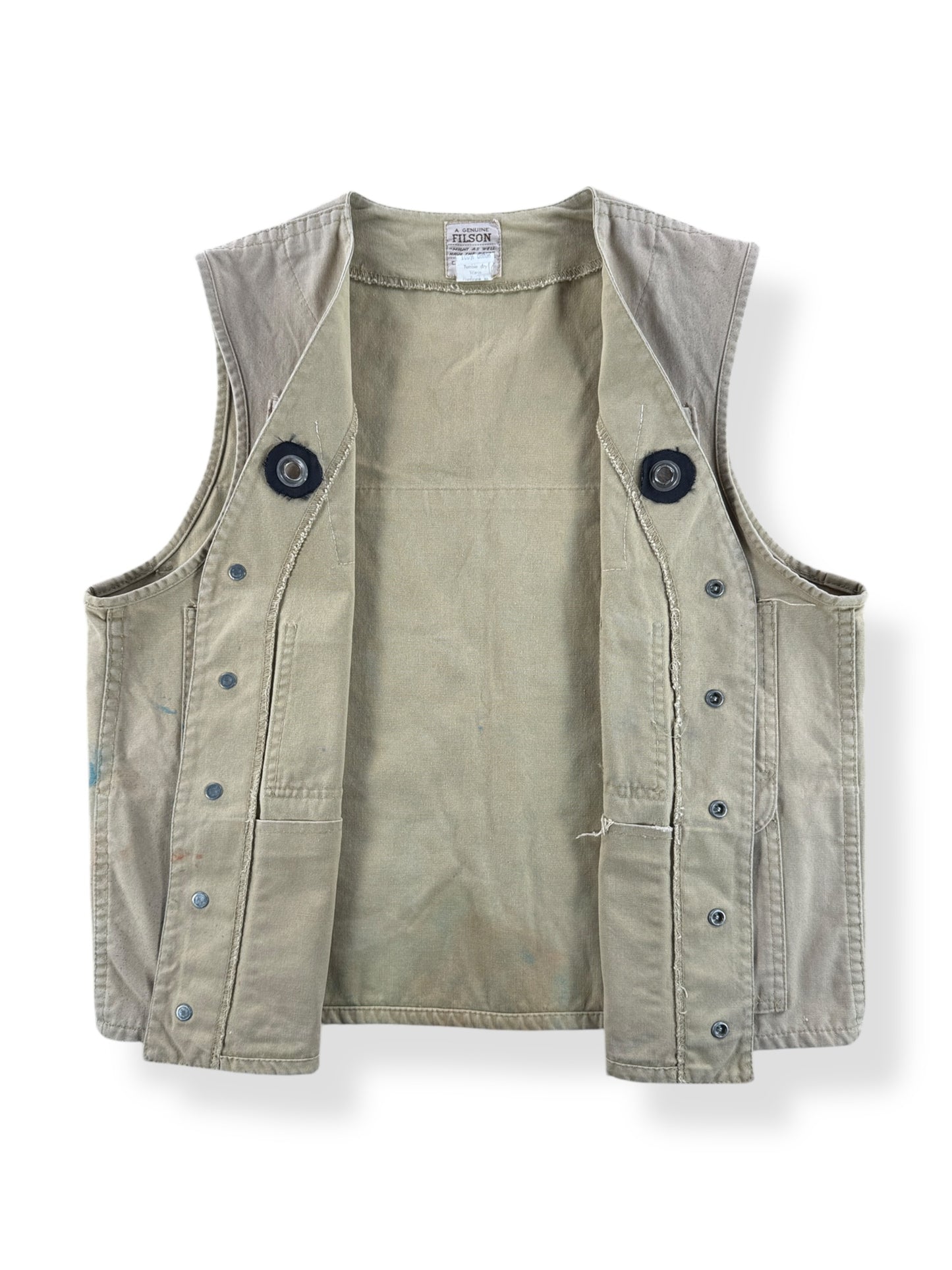 Inside of Vintage Filson Style 8 Tin Cloth Vest W/ Custom Pockets & Grommets SZ 38