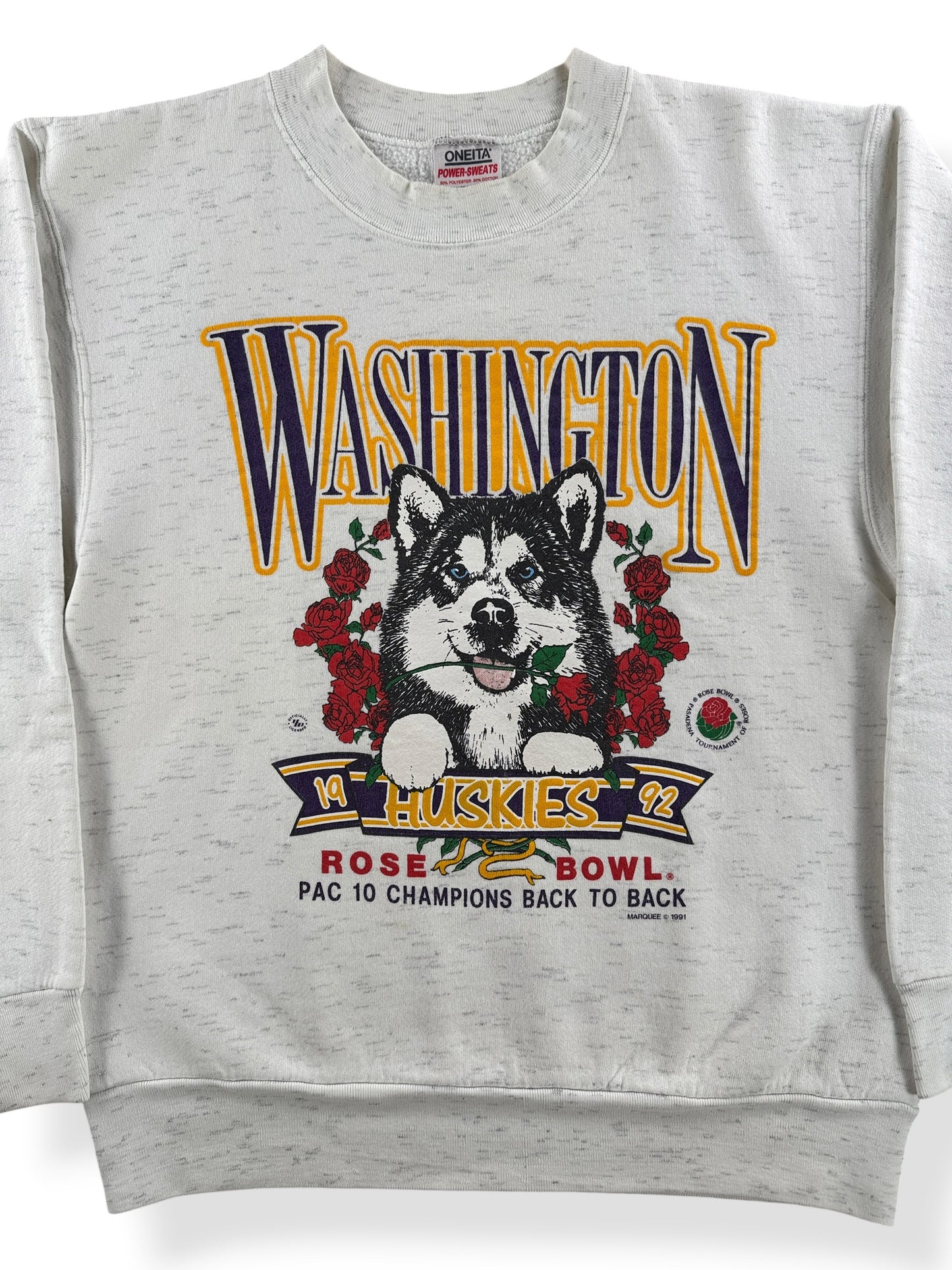 Front Close Up of Vintage UW Huskies Rose Bowl Crew Neck SZ L (Fits M)
