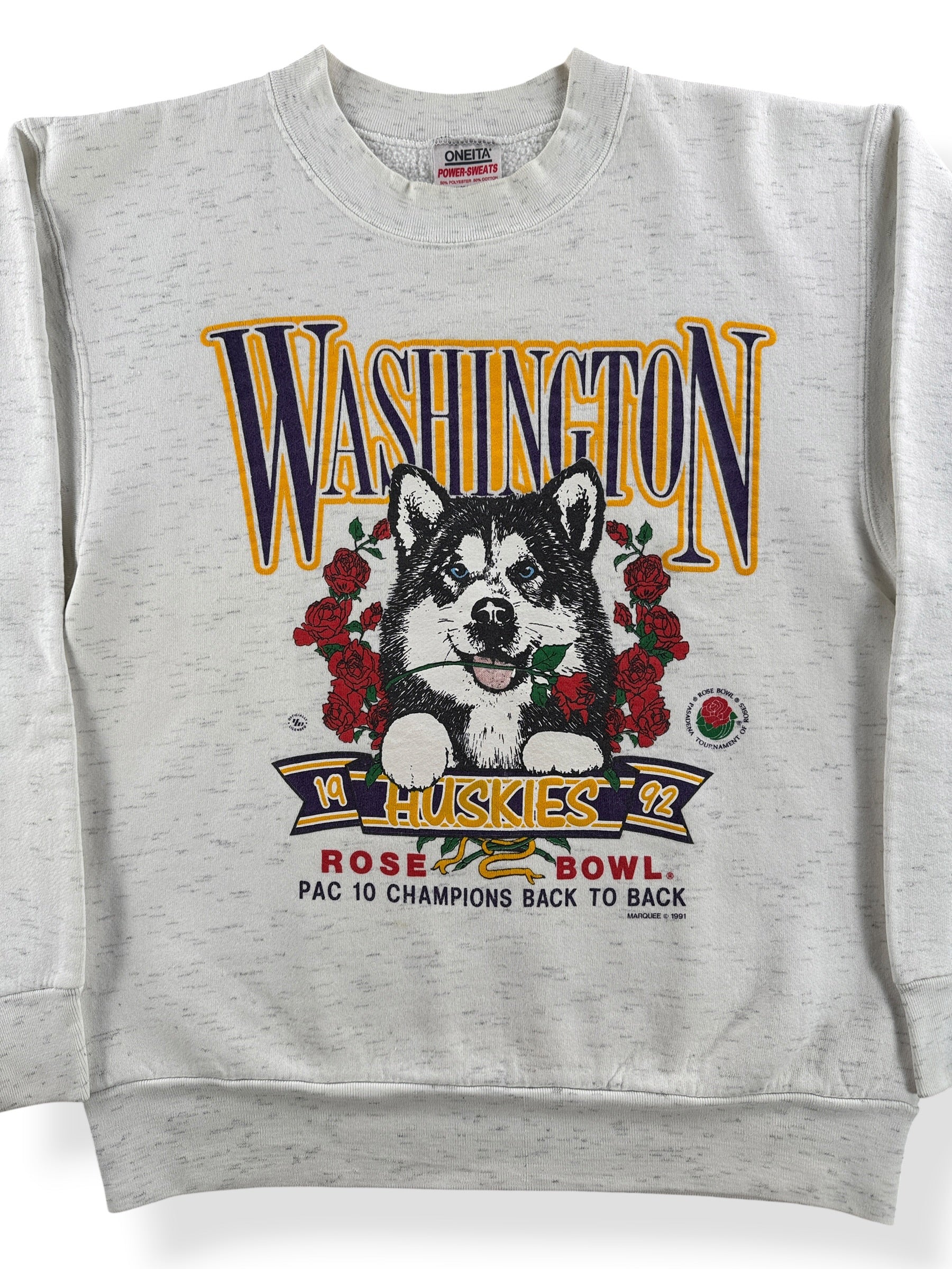 Front Close Up of Vintage UW Huskies Rose Bowl Crew Neck SZ L (Fits M)