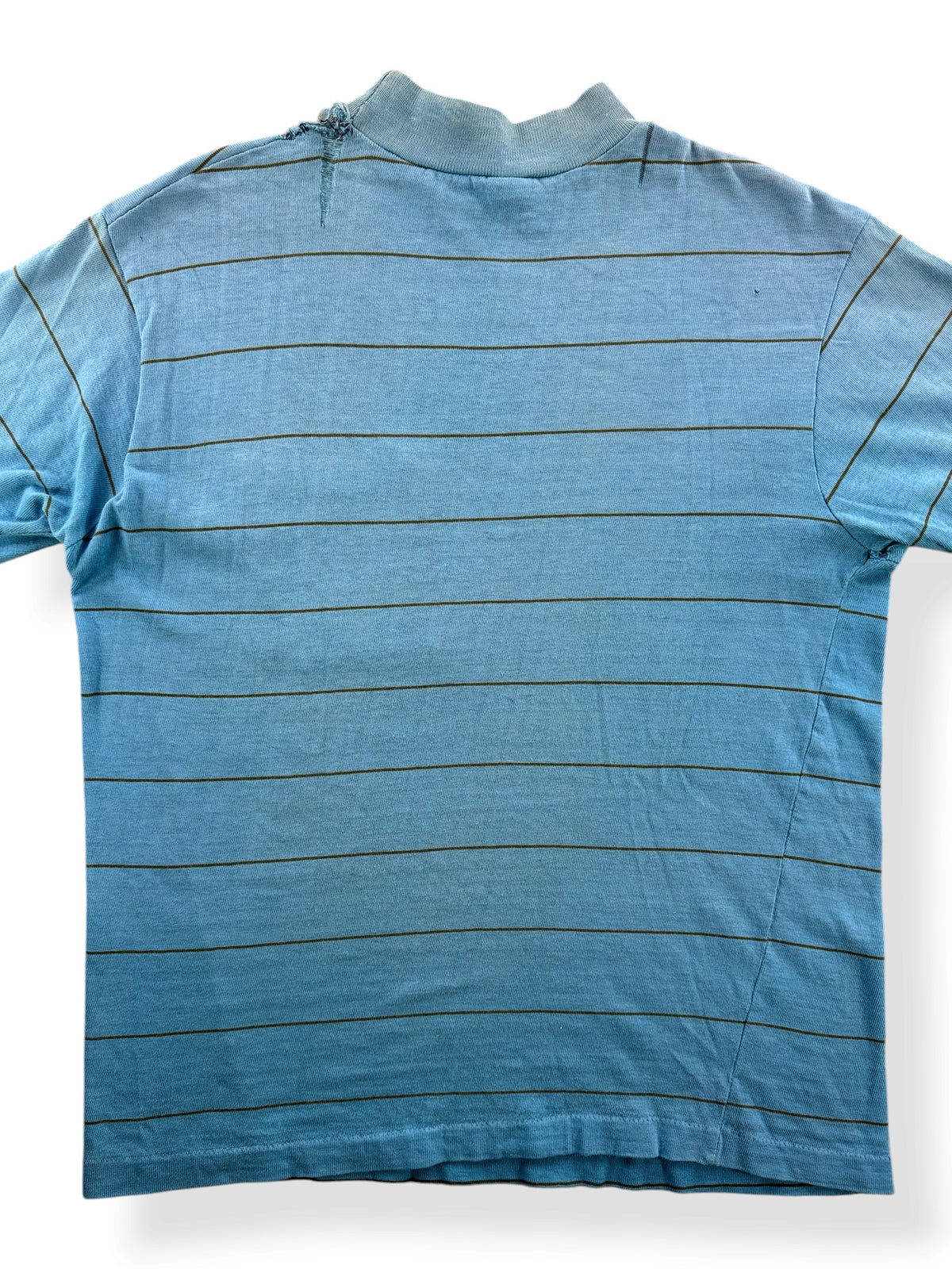 Close-up of back of Vintage 60s/70s Turtle King Baby Blue Striped Pocket Tee SZ M
