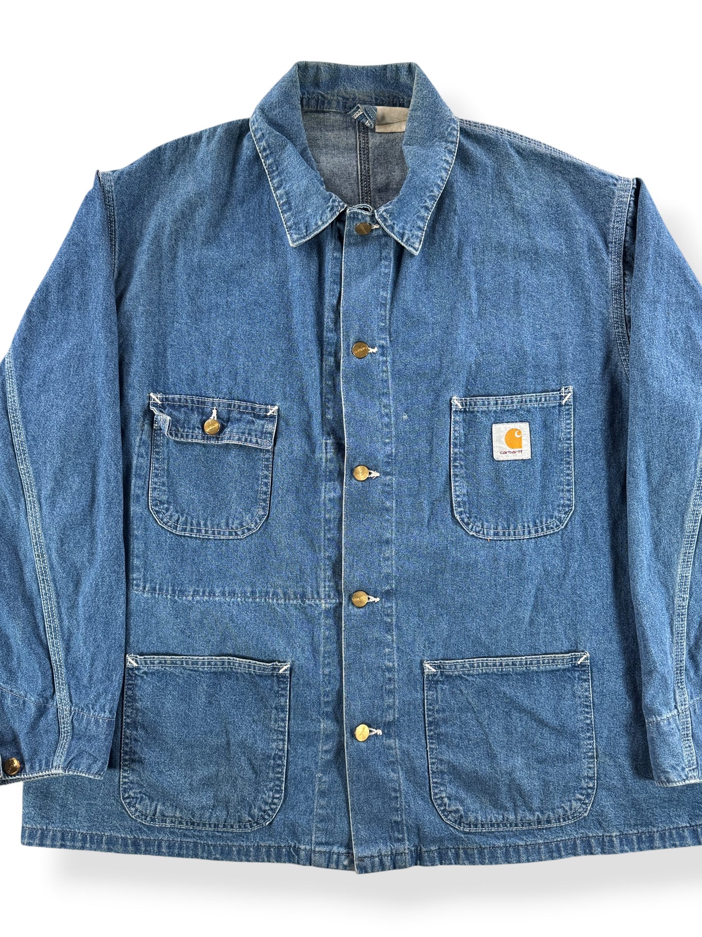Front Close Up of Vintage MIUSA Carhartt Denim Chore Coat SZ XXL