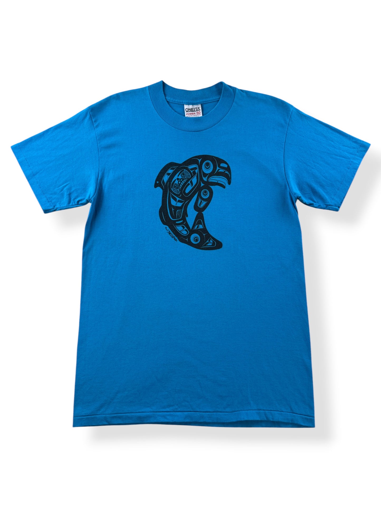Front of Vintage Blue 1990 First Nations Orca Tee SZ L (Fits M)