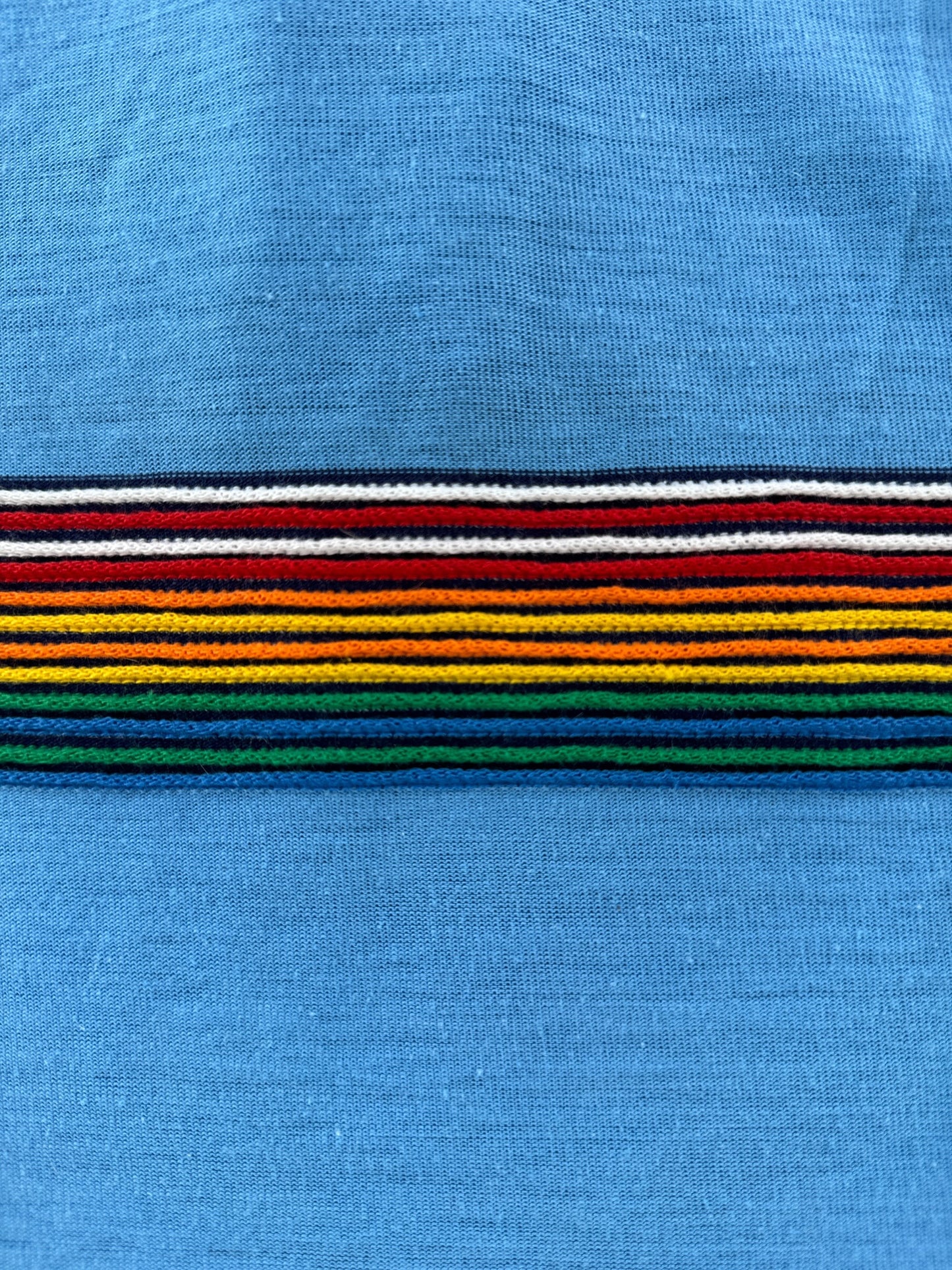Striped detail on Vintage Woodleaf Rainbow Stripe Polo Shirt SZ S