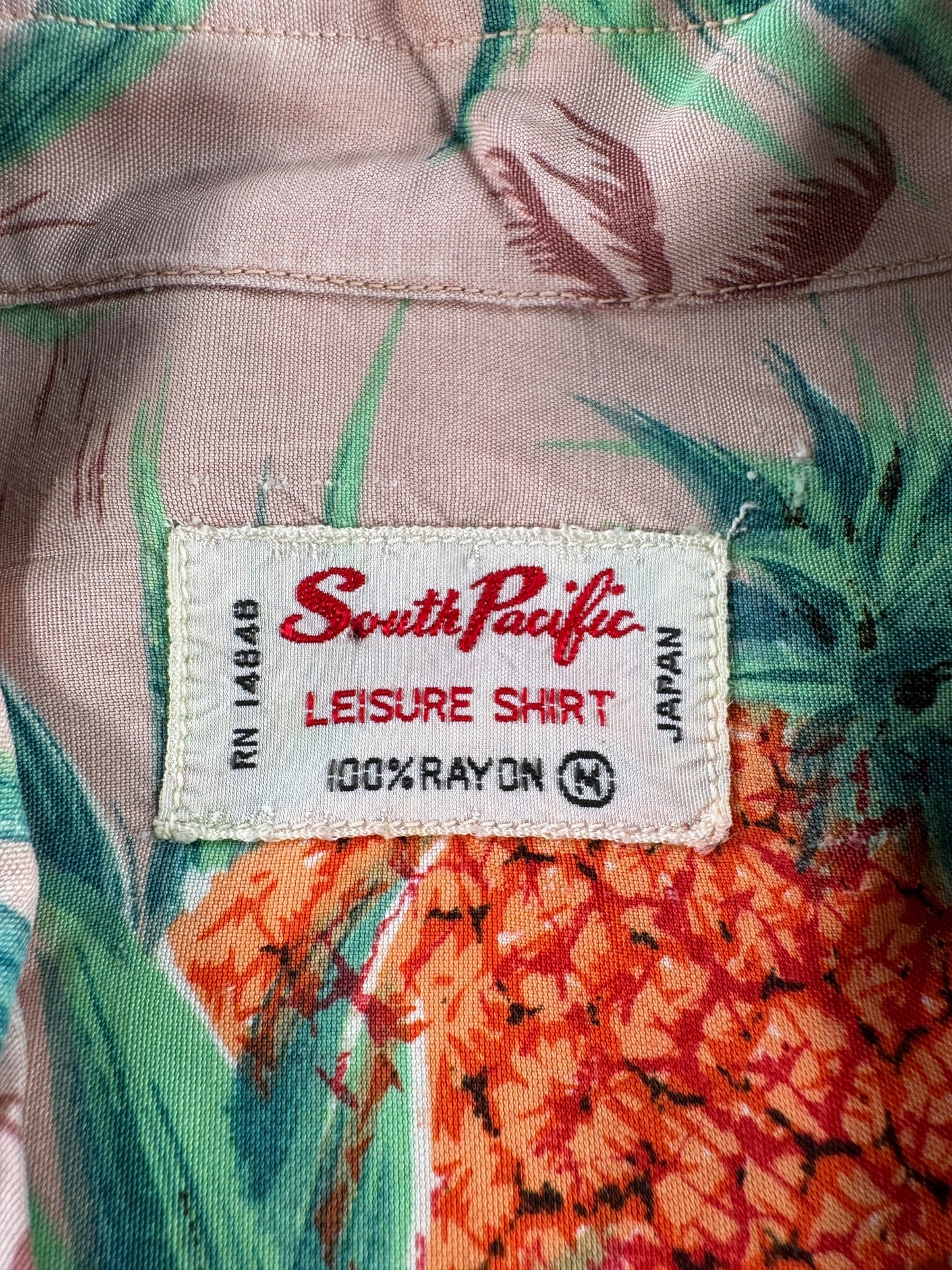 Tag on Vintage South Pacific 100% Rayon Pineapple Aloha Shirt SZ M