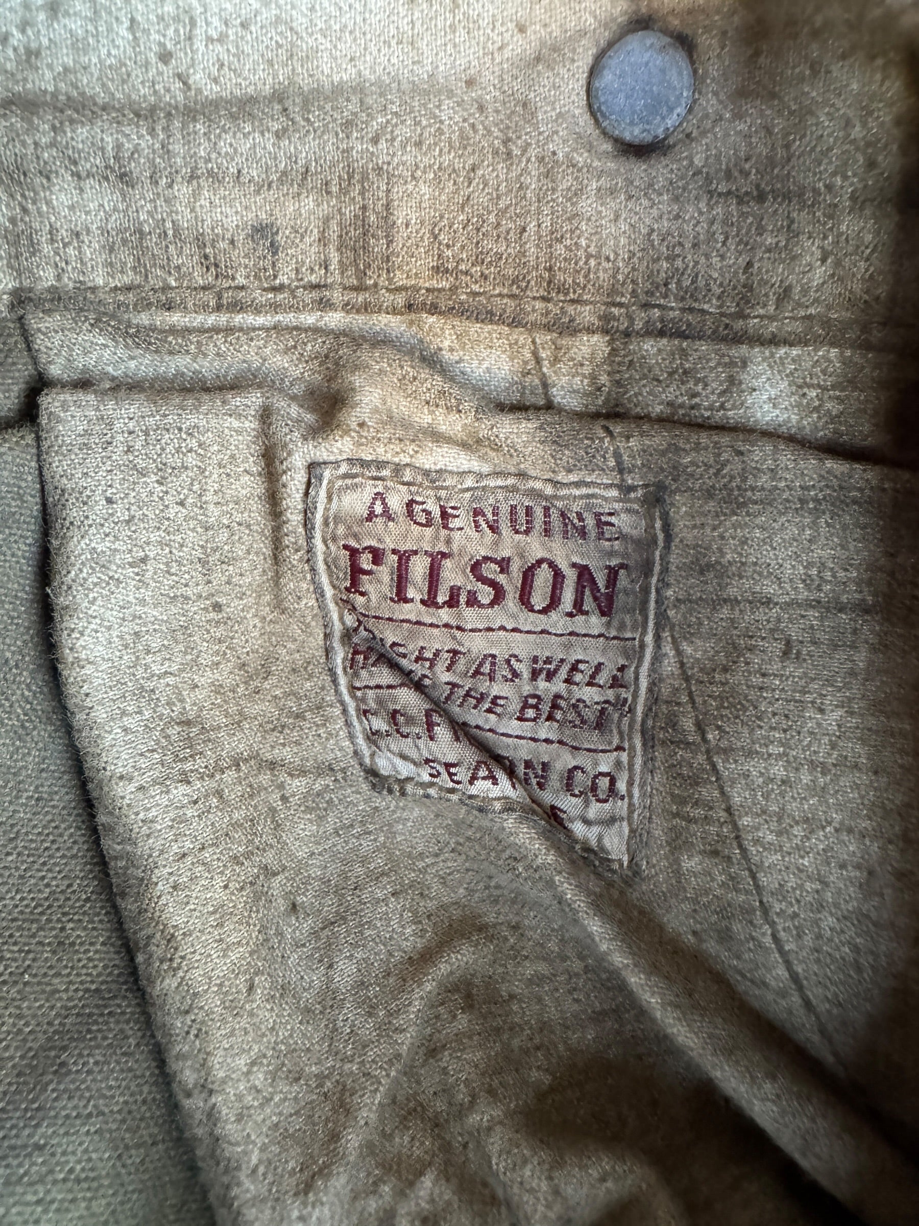 Label on Vintage 40's Era Filson Double Tin Trousers W34 - AS IS