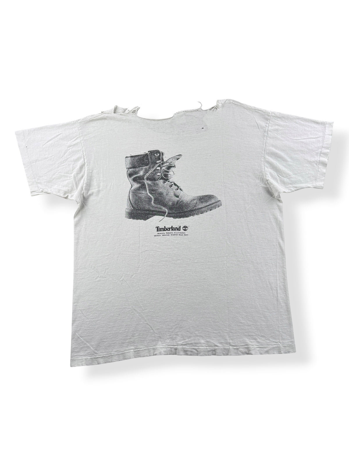 Back of Vintage Thrashed Give Racism The Boot Timberland Tee SZ XL