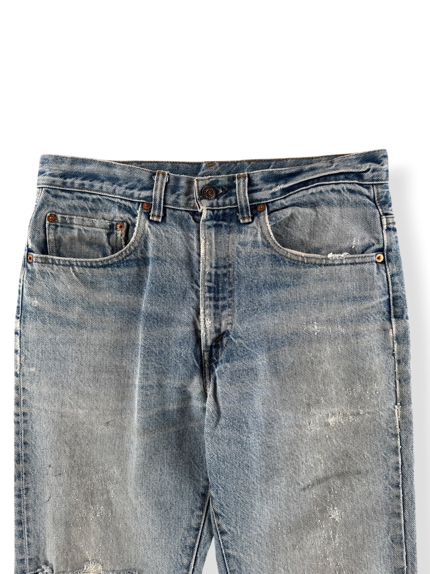 Front Close Up of Vintage 70s Talon Zip Levis 517 Jeans W32