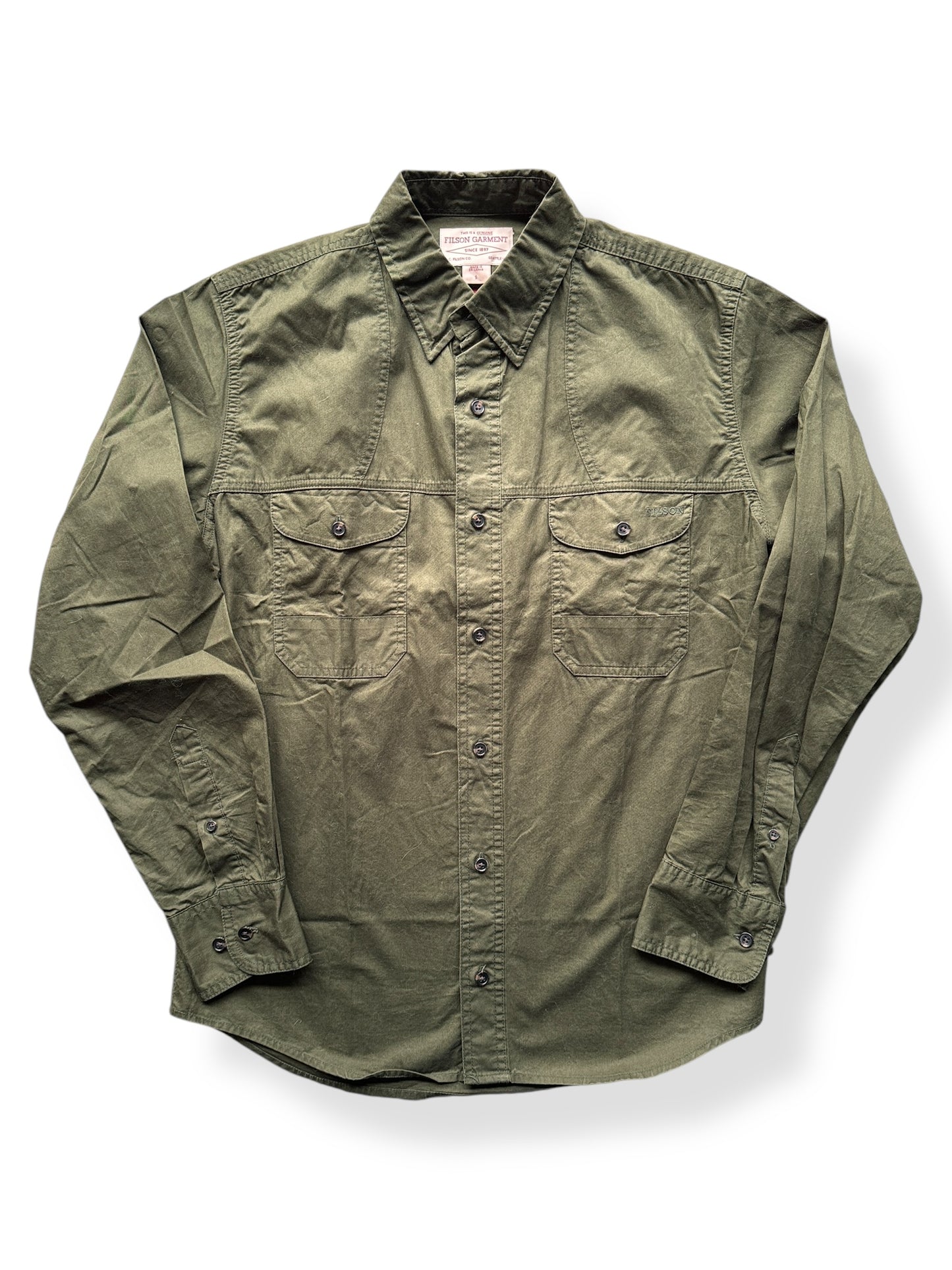 Front of Filson Olive Feather Cloth Shirt SZ S