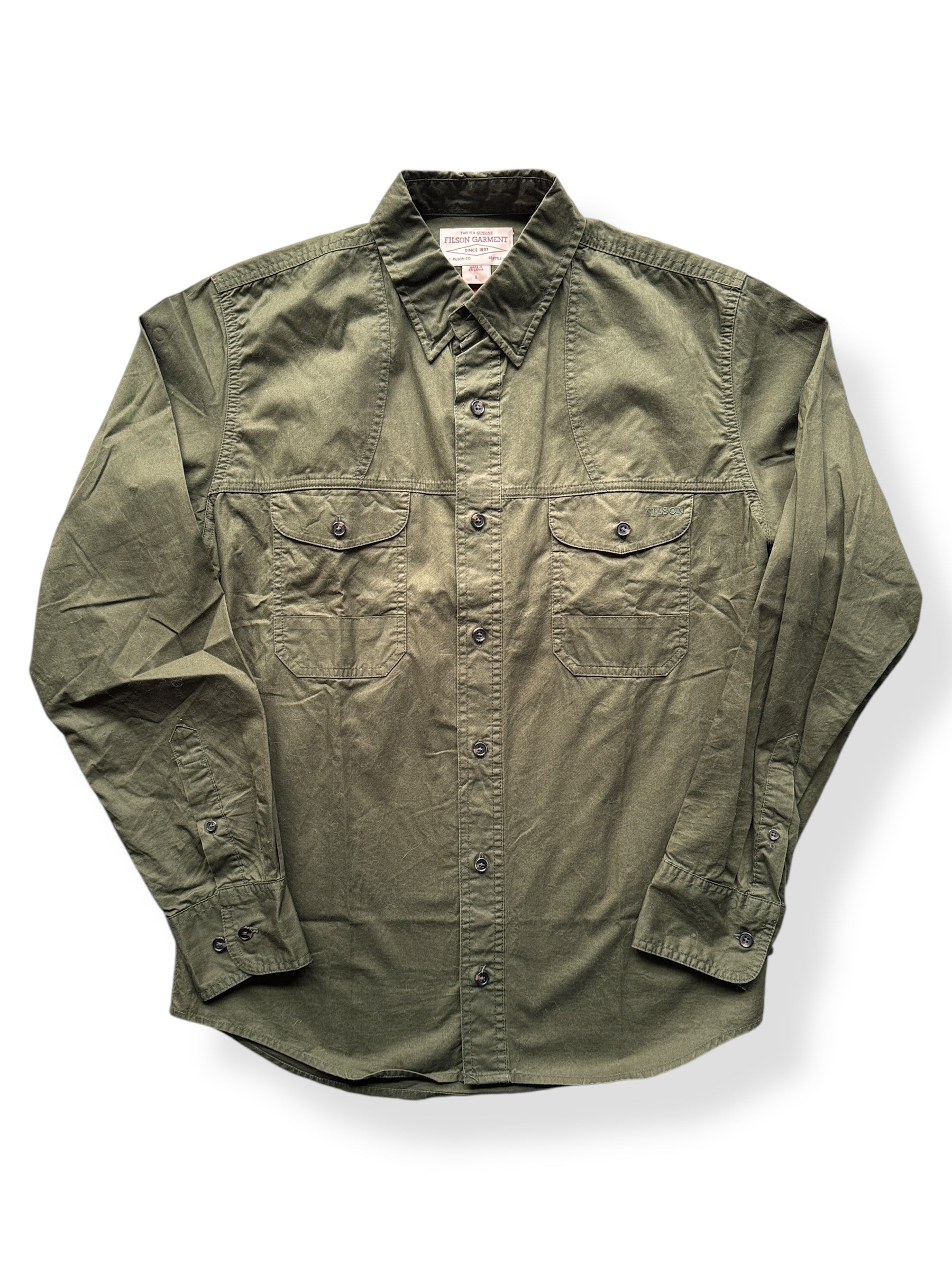 Front of Filson Olive Feather Cloth Shirt SZ S