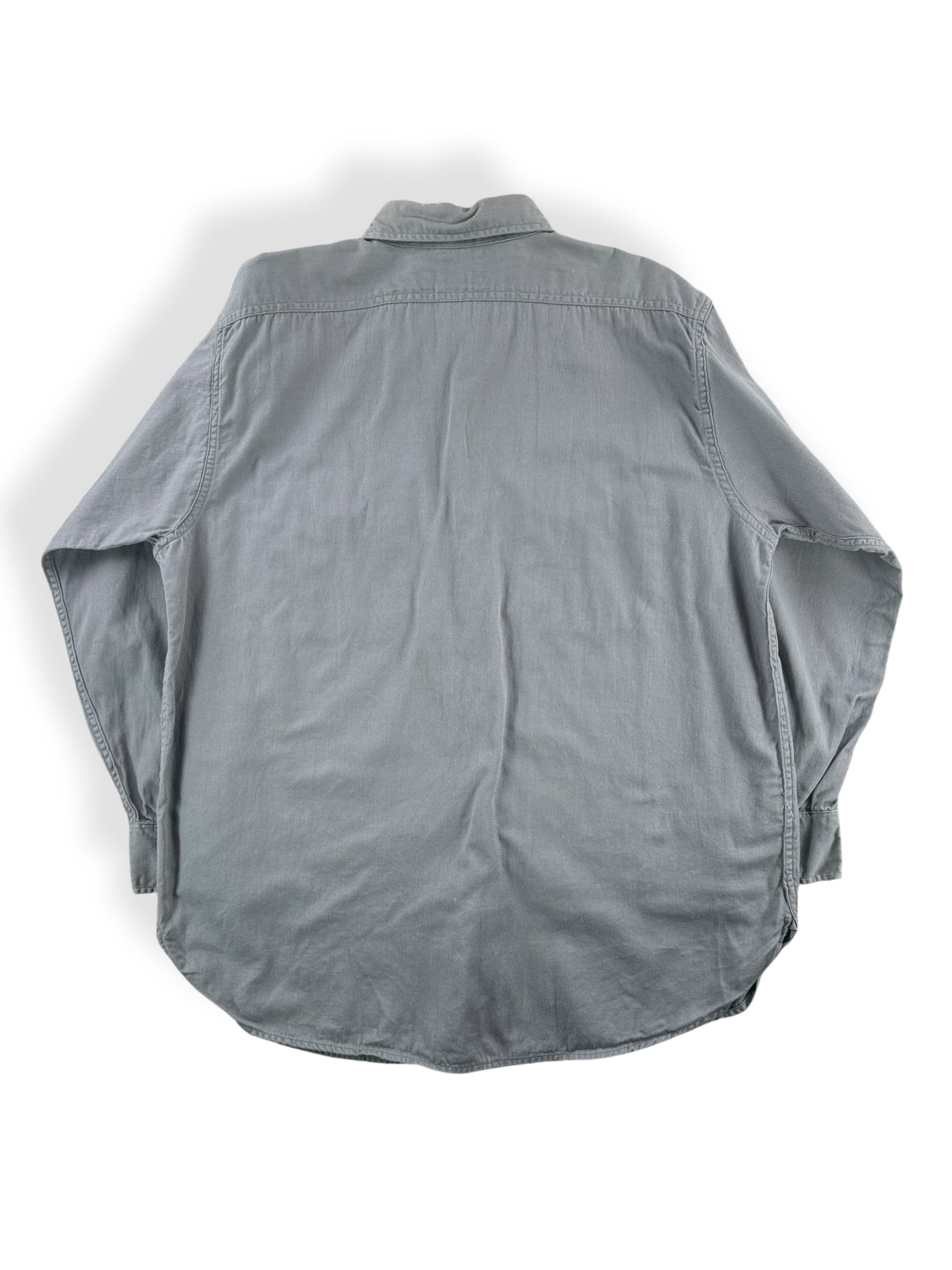 Back of Vintage Stevens Twist Twill Grey Work Shirt SZ L AS IS