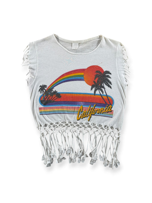 Front of Vintage California Fringe Cut Off Tee SZ M (Fits XS)