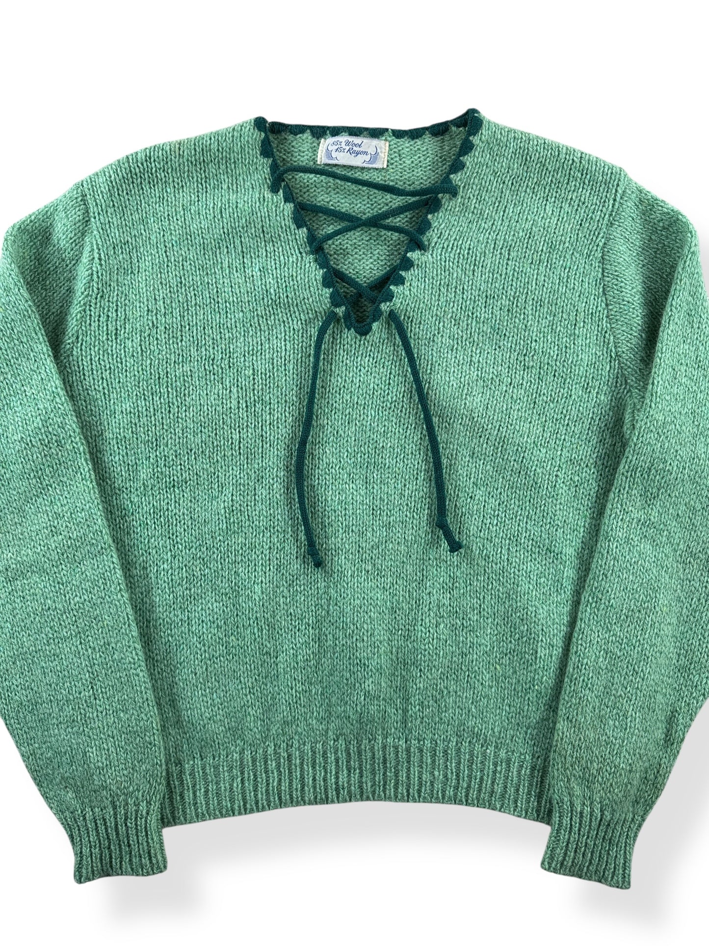 Front Close Up of Vintage Wool Rayon Blend Green Knit Sweater SZ M