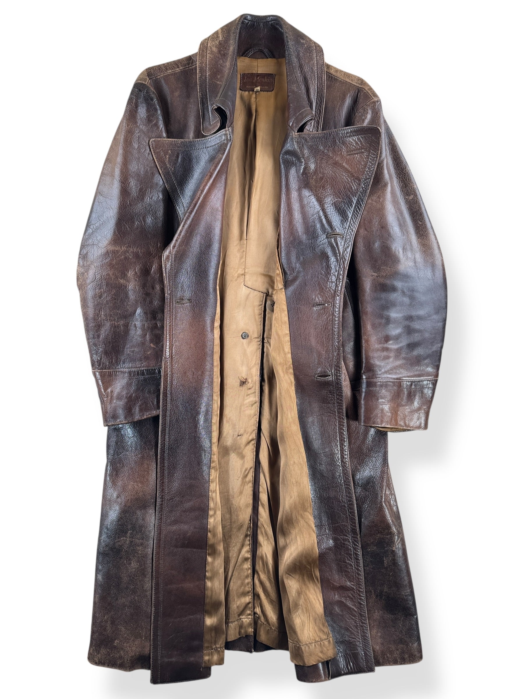 Inside of Vintage Ian Mankin Made In England Leather Trench Coat SZ 38