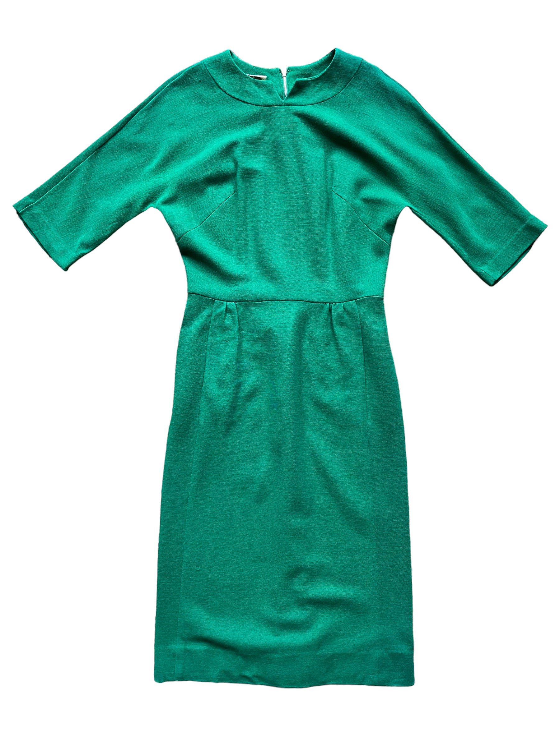 Full front view of Vintage 1950s Green Wool Wiggle Dress SZ M |  Barn Owl Vintage Dresses| Seattle Vintage Ladies Clothing