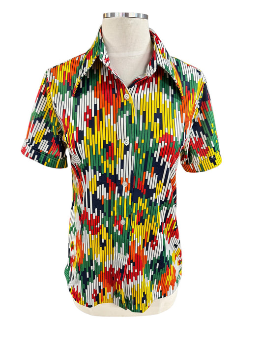 Front view of 1970s Sears Geometric Polyester Button Up Shirt S