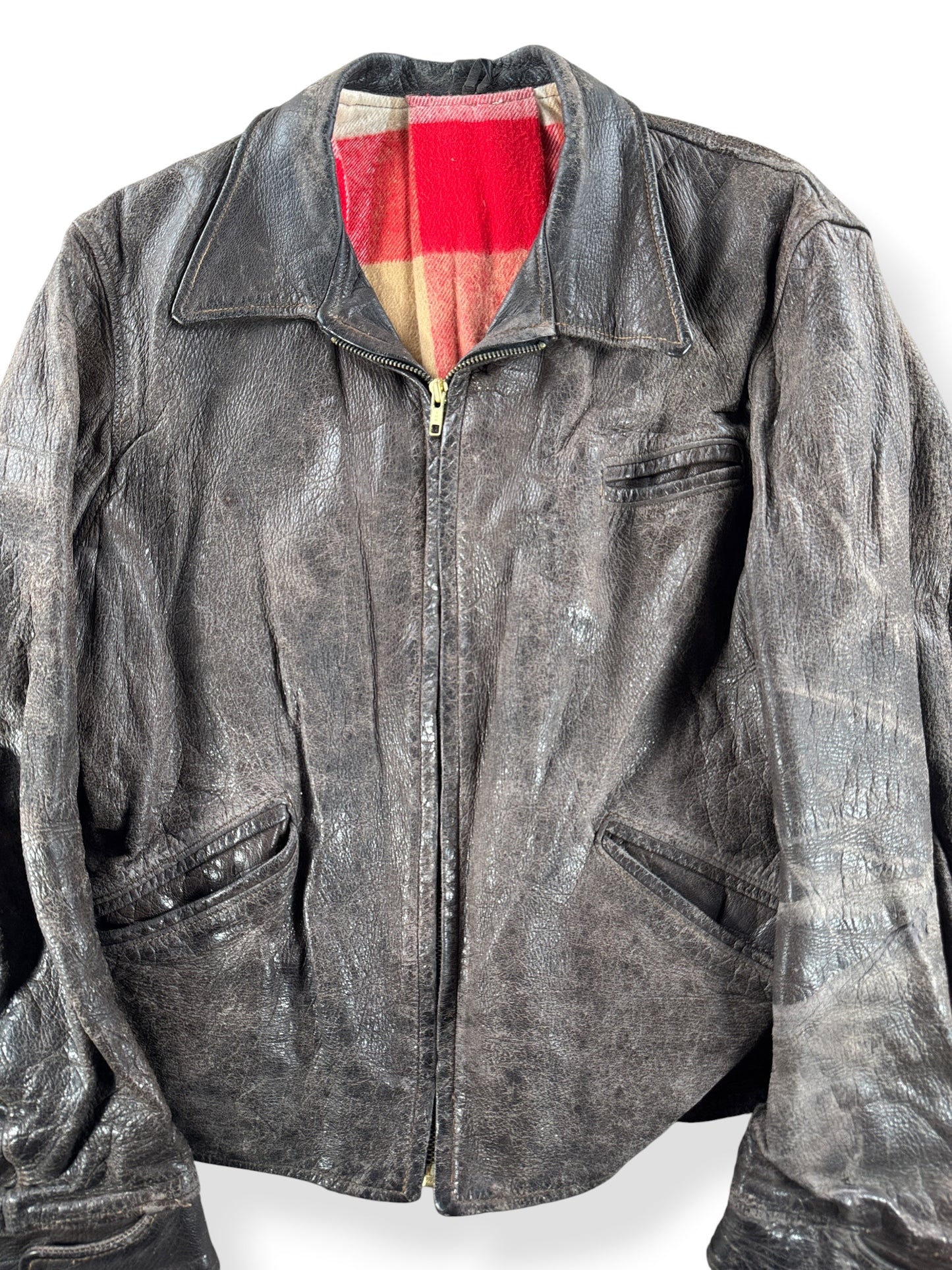 Front Close Up of Vintage Unbranded Flannel Lined Goatskin Leather Jacket SZ L