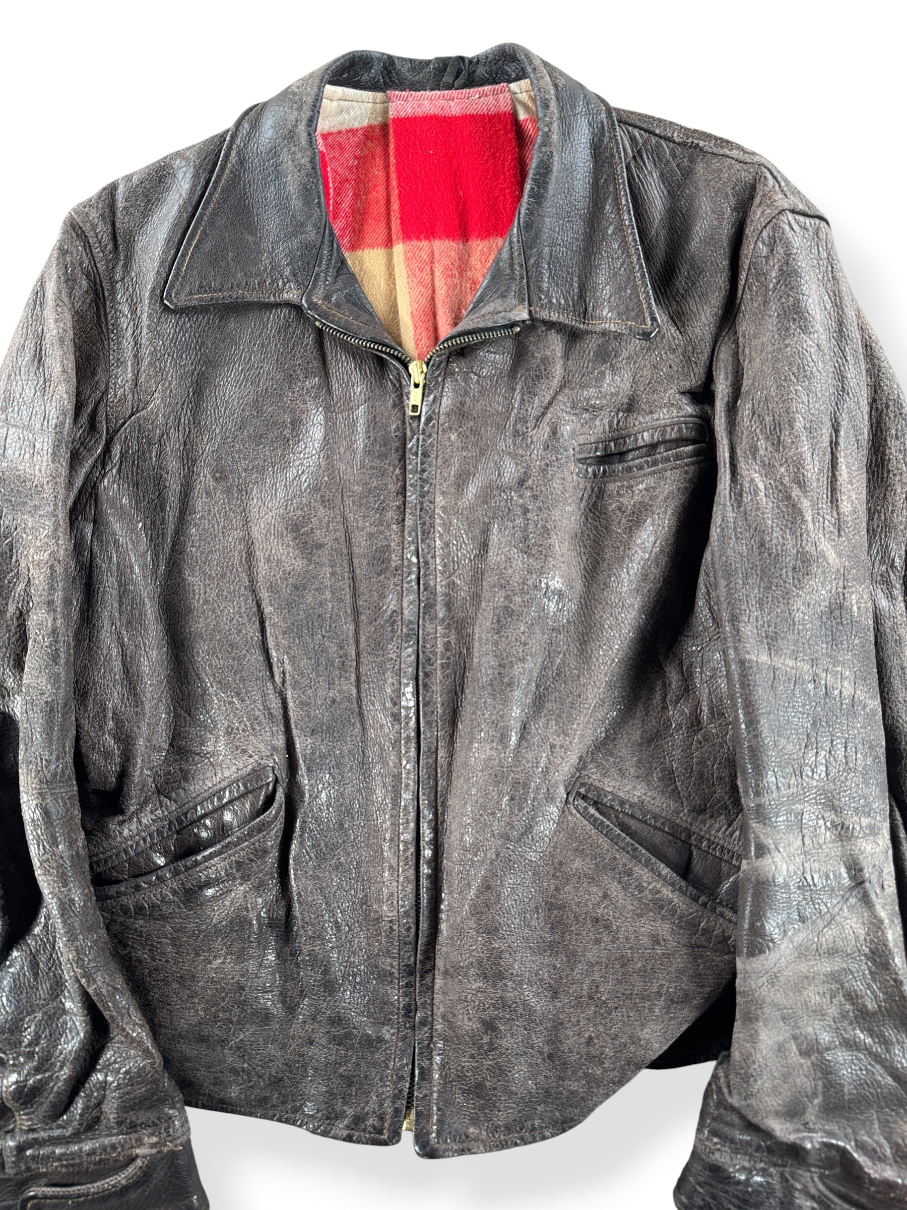 Front Close Up of Vintage Unbranded Flannel Lined Goatskin Leather Jacket SZ L