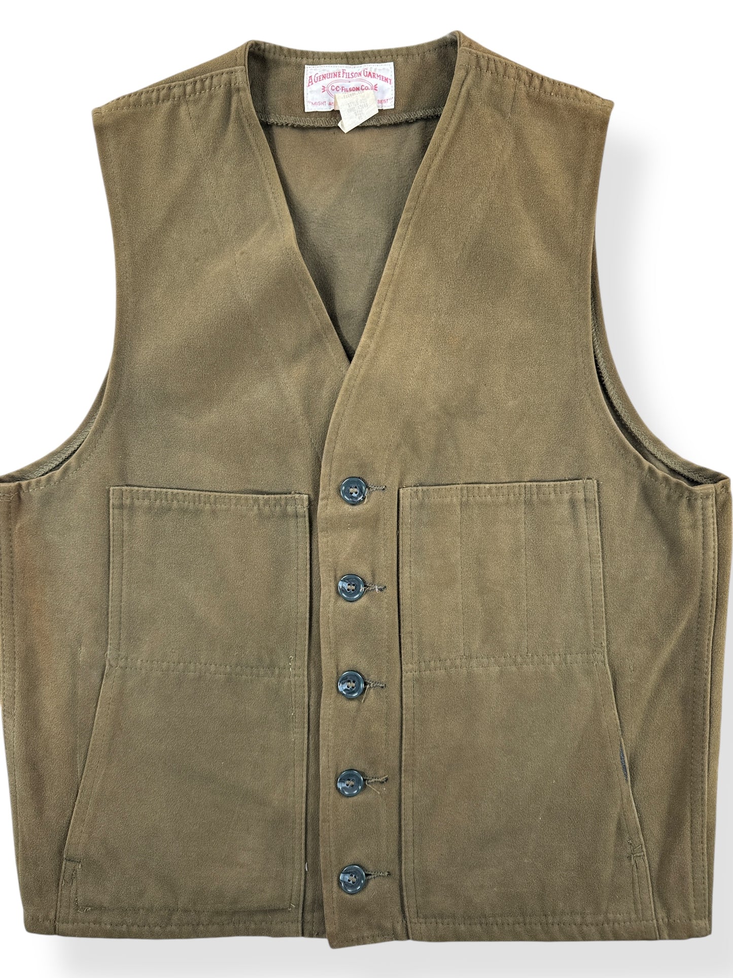 Front Close Up of Vintage Olive Green Filson Moleskin Vest SZ 40
