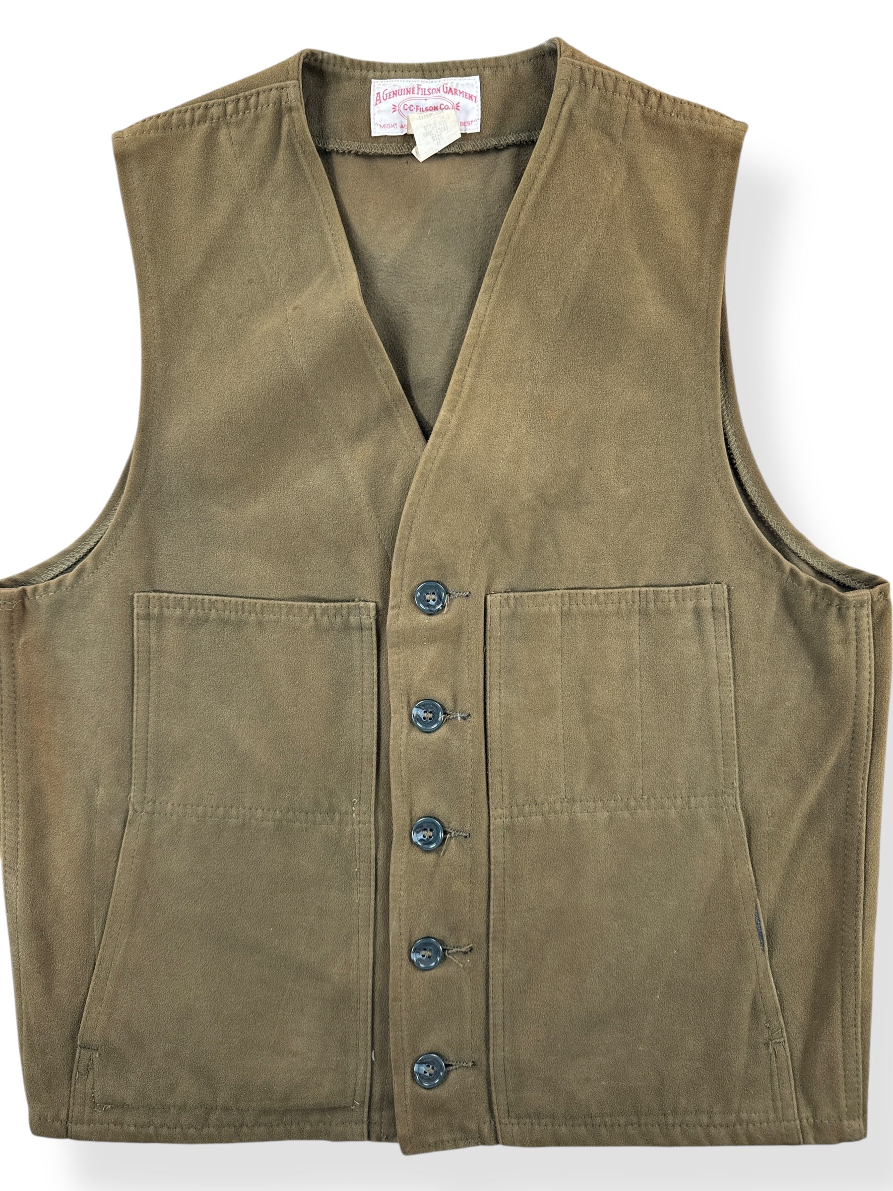 Front Close Up of Vintage Olive Green Filson Moleskin Vest SZ 40