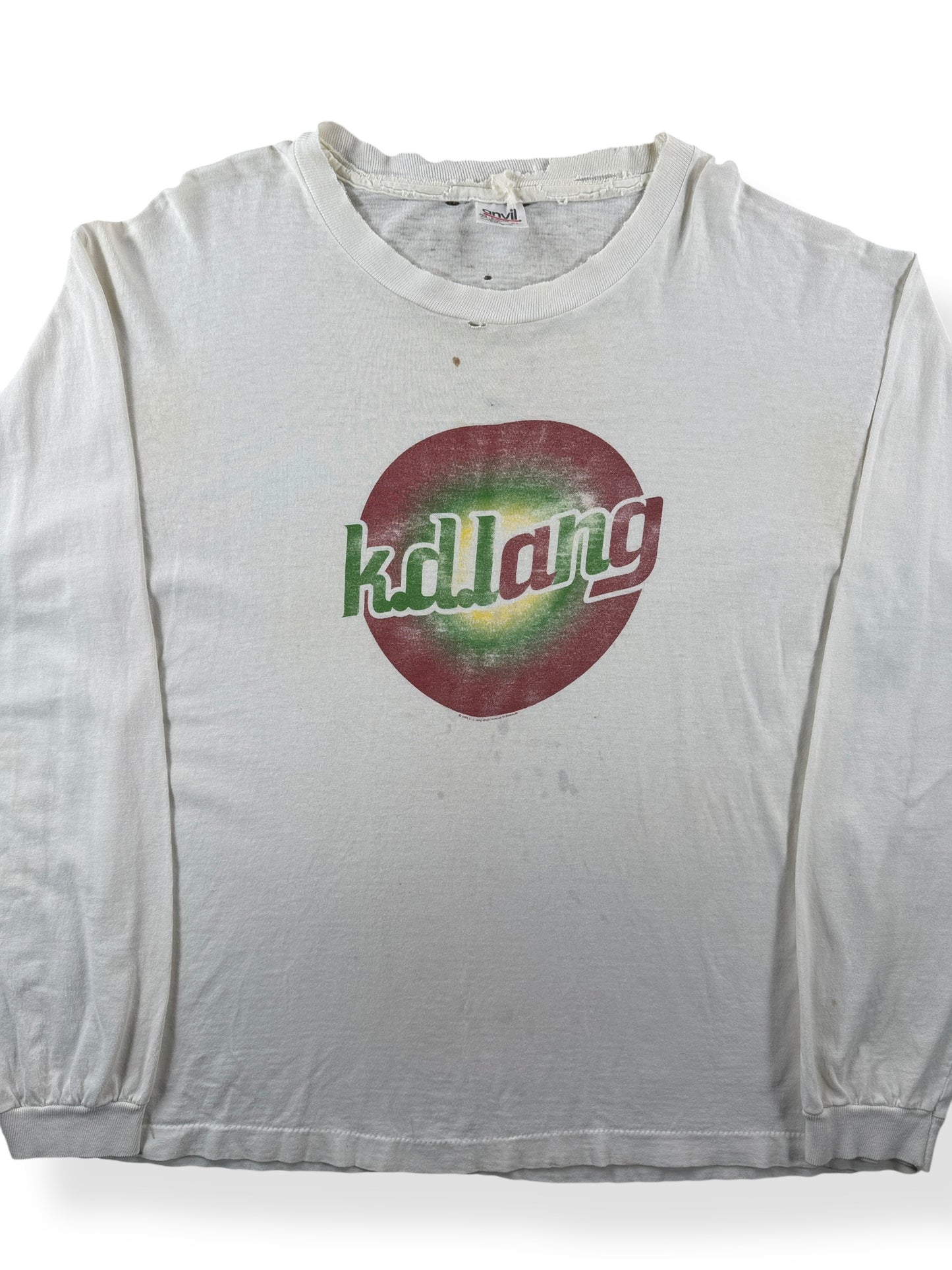 Front Close Up of Vintage Canadian Crooner K.D. Lang Long Sleeve Thrasher Tee SZ XL