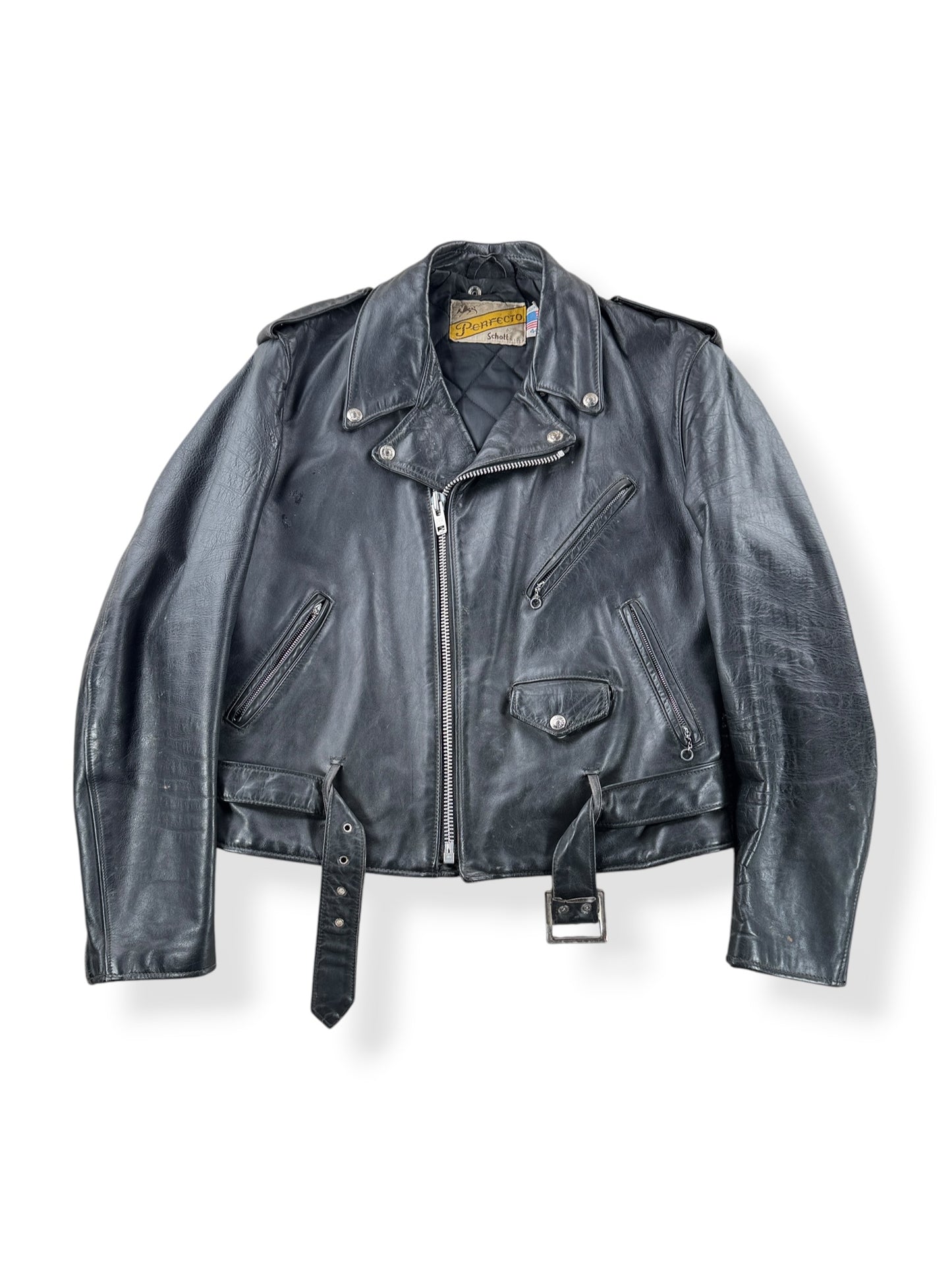 Front of Vintage 80s Era Schott Perfecto Leather Jacket SZ 44