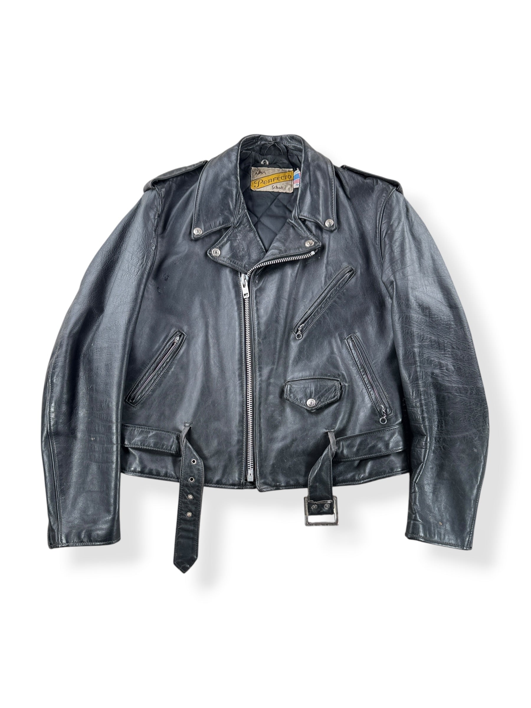 Front of Vintage 80s Era Schott Perfecto Leather Jacket SZ 44
